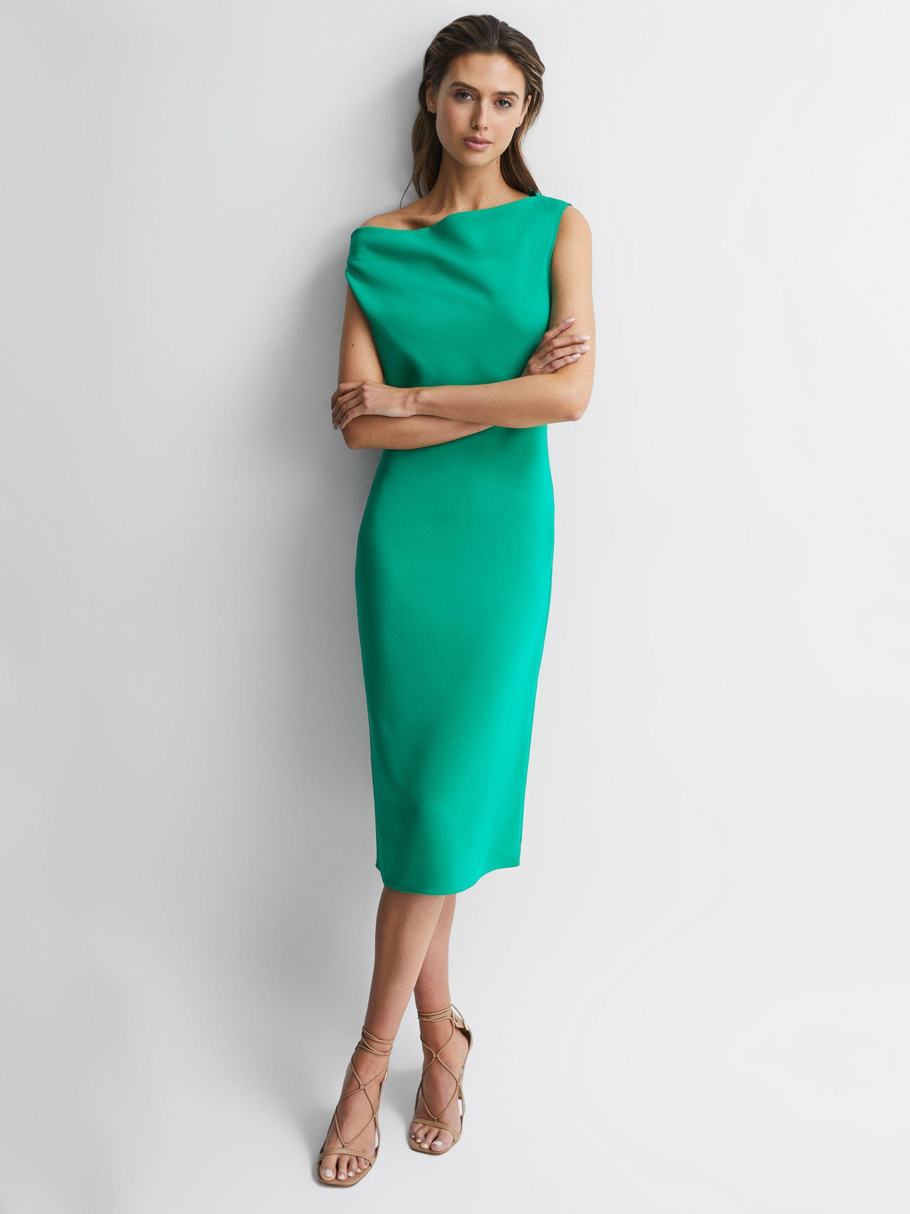 Off-Shoulder Bodycon Midi Dress in Green Product Image
