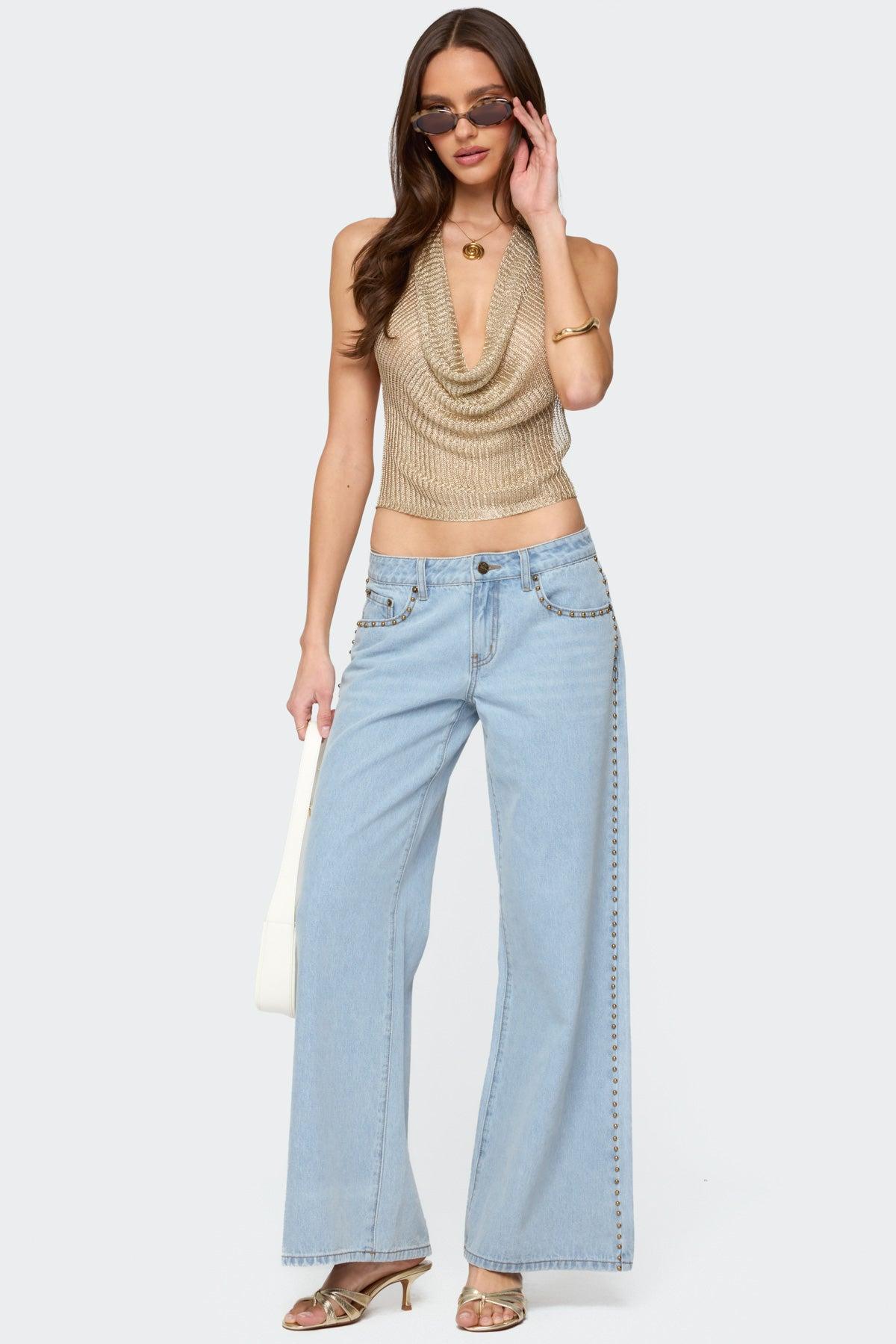 Shiny Knit Cowl Neck Backless Top Product Image