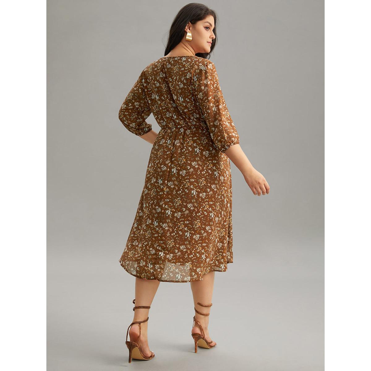 Plus Size Ditsy Floral Cut Out Elastic Cuffs Dress Rust Women Elegant Elastic cuffs Keyhole Cut-Out Elbow-length sleeve Curvy Midi Dress BloomChic 22-24/3X Product Image