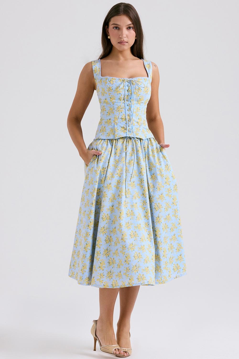 Cora  soft blue vintage floral print cotton midi skirt - sale Product Image
