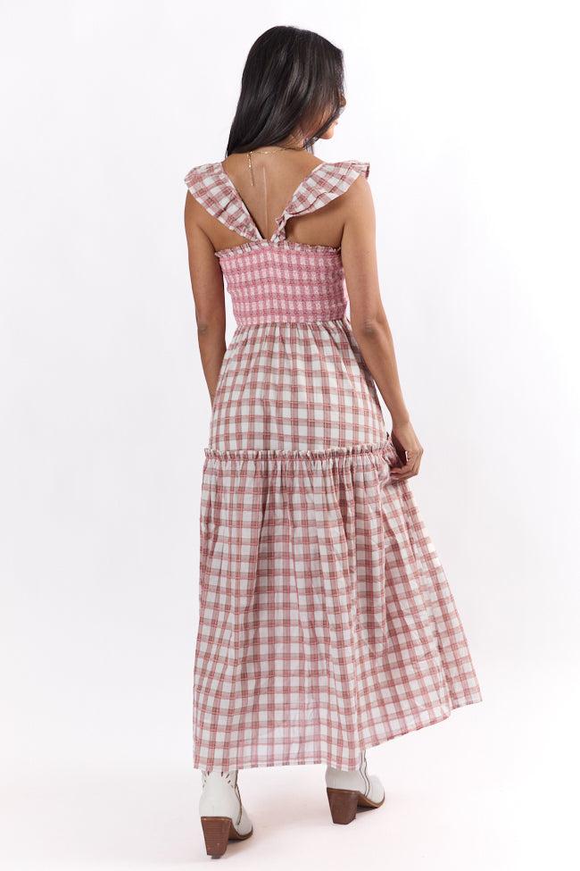 Checked Treasures Pink and Brown Plaid Tiered Midi Dress FINAL SALE Product Image