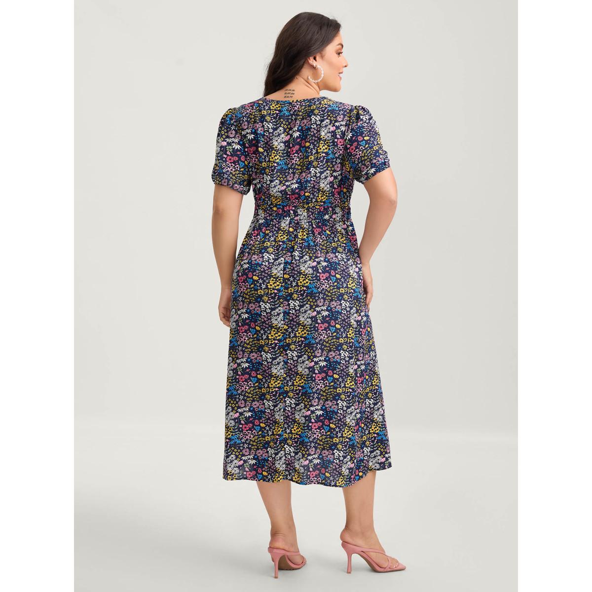 Plus Size Rayon Floral Print Contrast Pockets Midi Dress Indigo Women V-neck Short sleeve Curvy BloomChic 12/L Product Image
