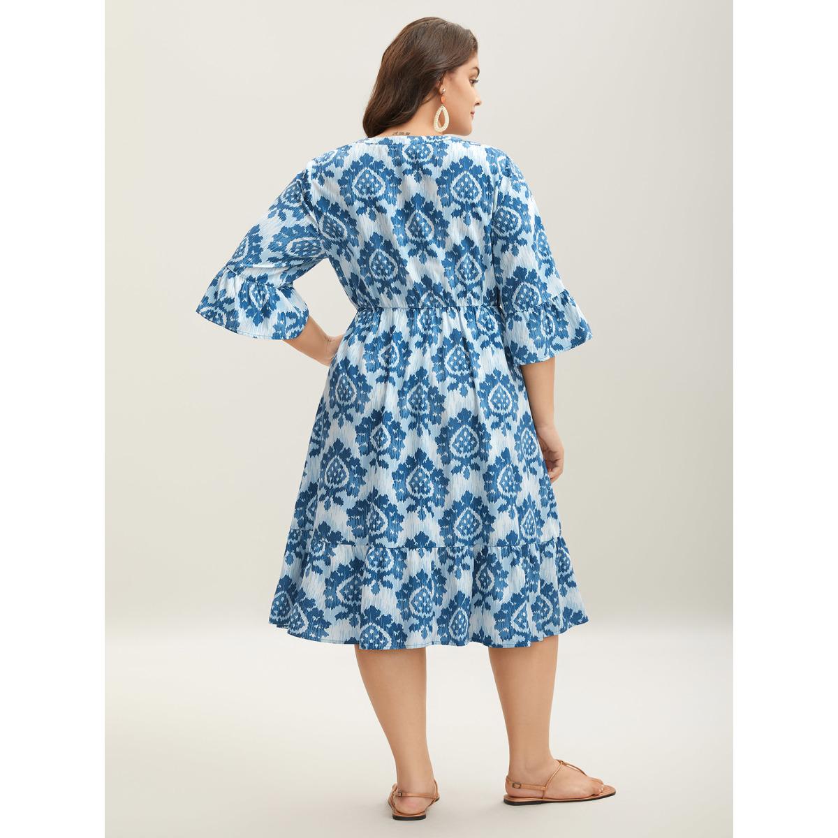 Plus Size Damask Pattern Ruffle Sleeve Midi Dress Mediumblue Women Flat collar with V-notch Elbow-length sleeve Curvy BloomChic 14-16/1X Product Image