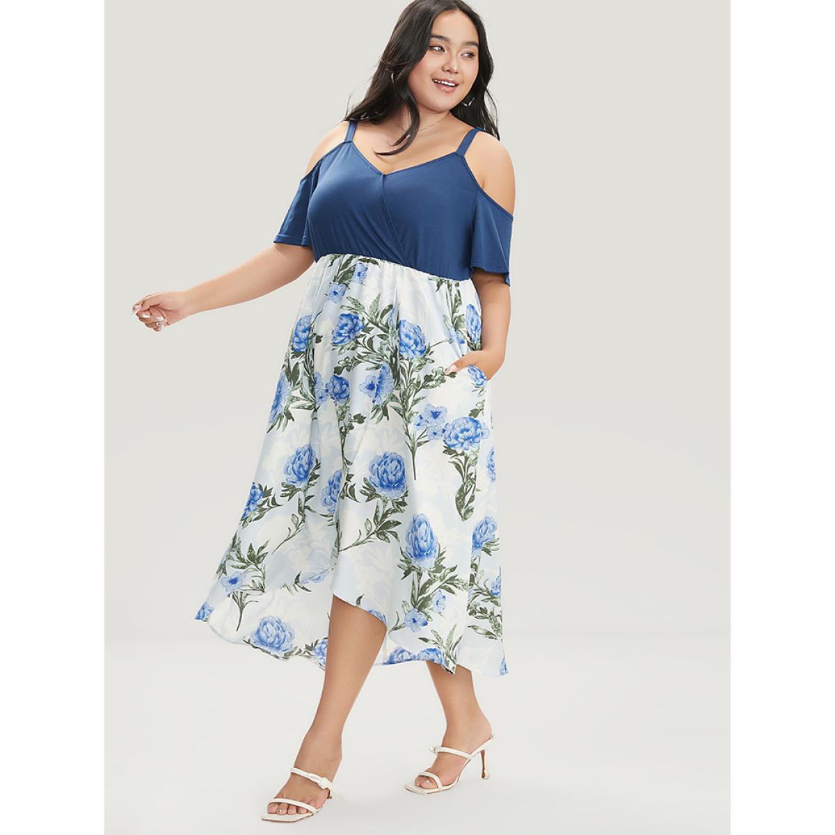 Plus Size Floral Patchwork Cold Shoulder Pocket Asymmetrical Hem Dress Indigo Women Elegant Adjustable Straps Cold Shoulder Short sleeve Curvy Midi Dress BloomChic 10/M Product Image