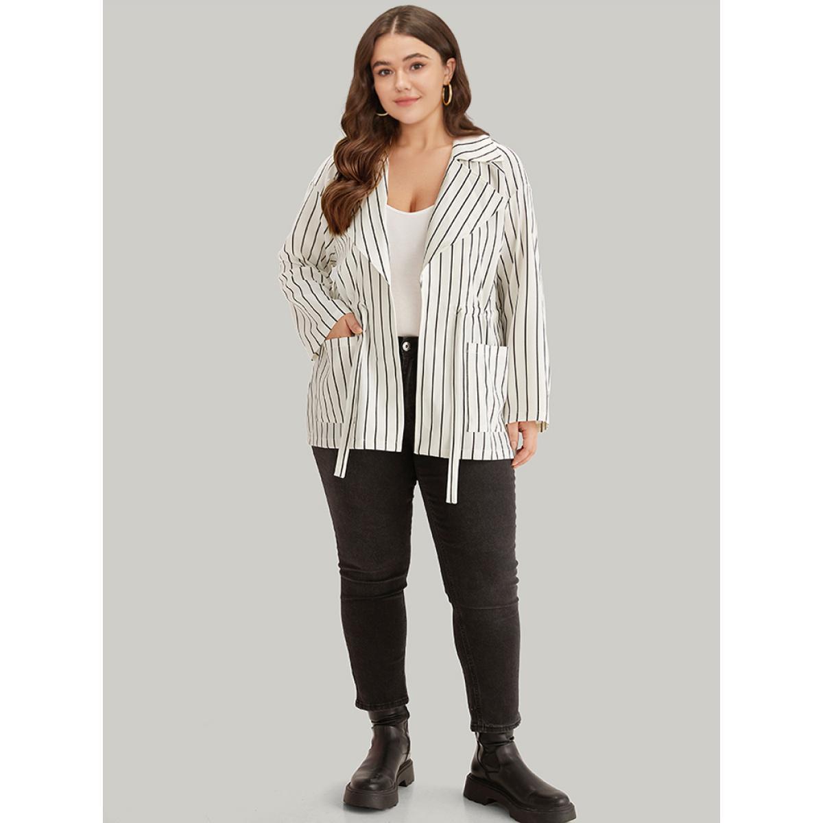 Plus Size Striped Suit Collar Drawstring Patched Pocket Coat Women White Casual Knotted Ladies Everyday Winter Coats BloomChic 14-16/1X Product Image