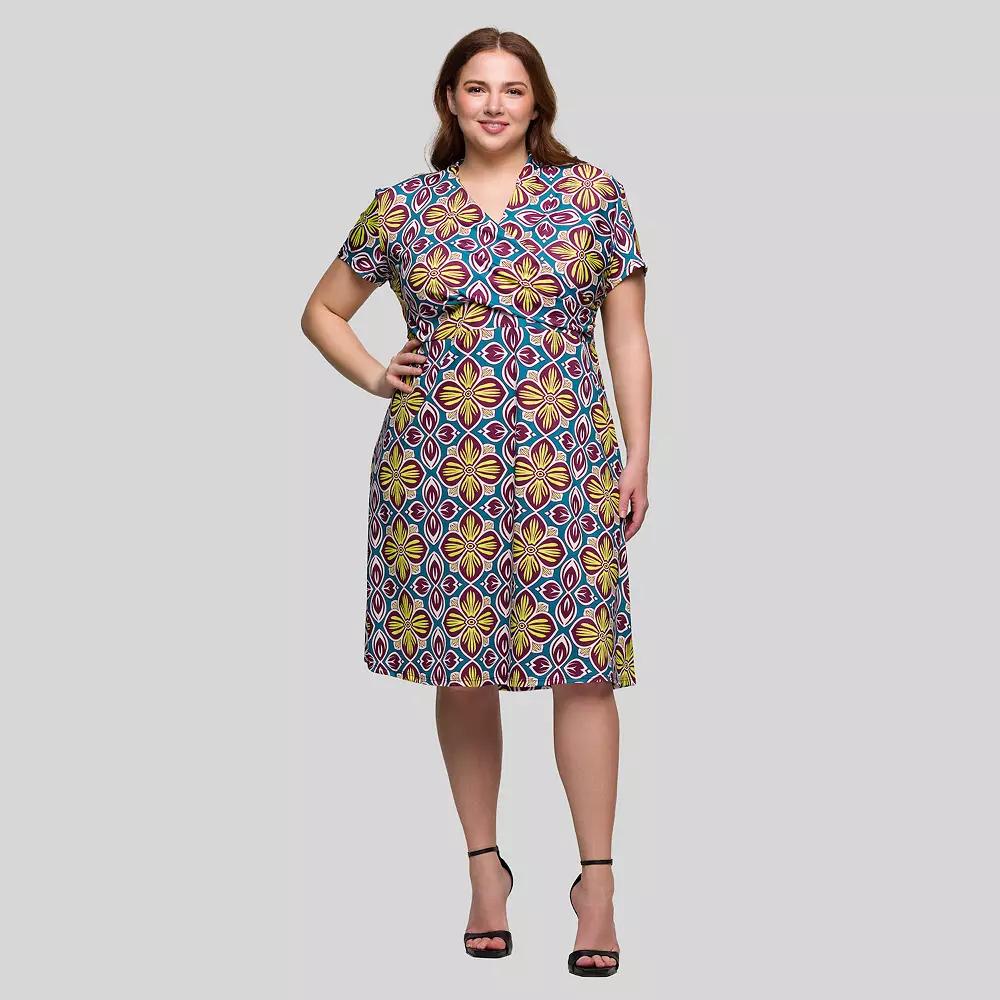 Plus Size 24Seven Comfort Apparel Floral Print Short Sleeve Knee Length Wrap Dress, Women's, Size: 2XL, Yellow Team Product Image