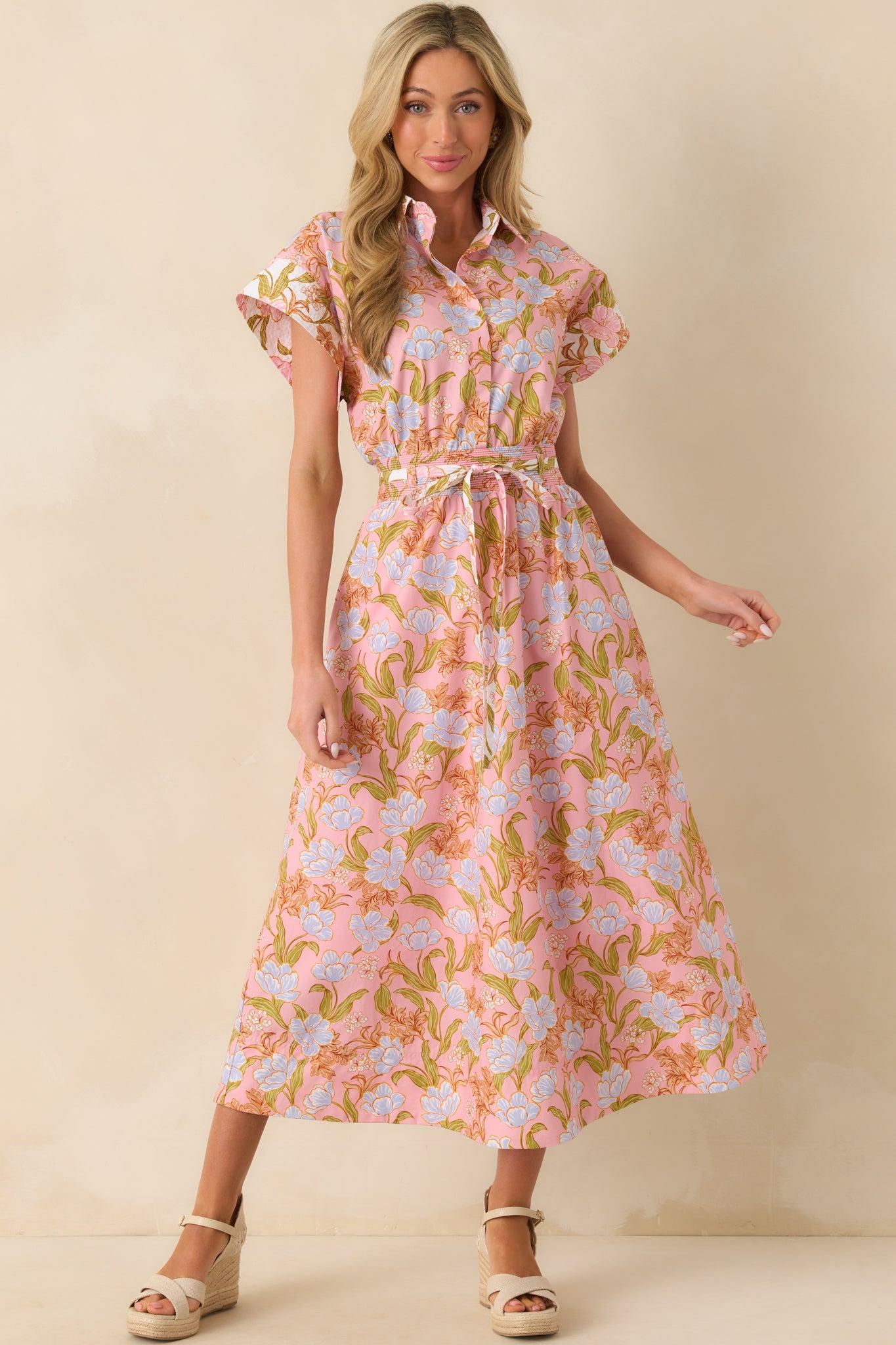 It Comes Easily Pink Coral Floral Print Maxi Shirt Dress Product Image