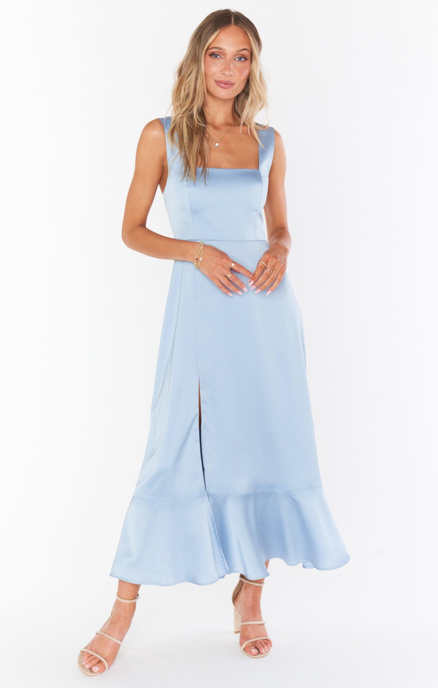 Claire Midi Dress ~ Steel Blue Luxe Satin Product Image