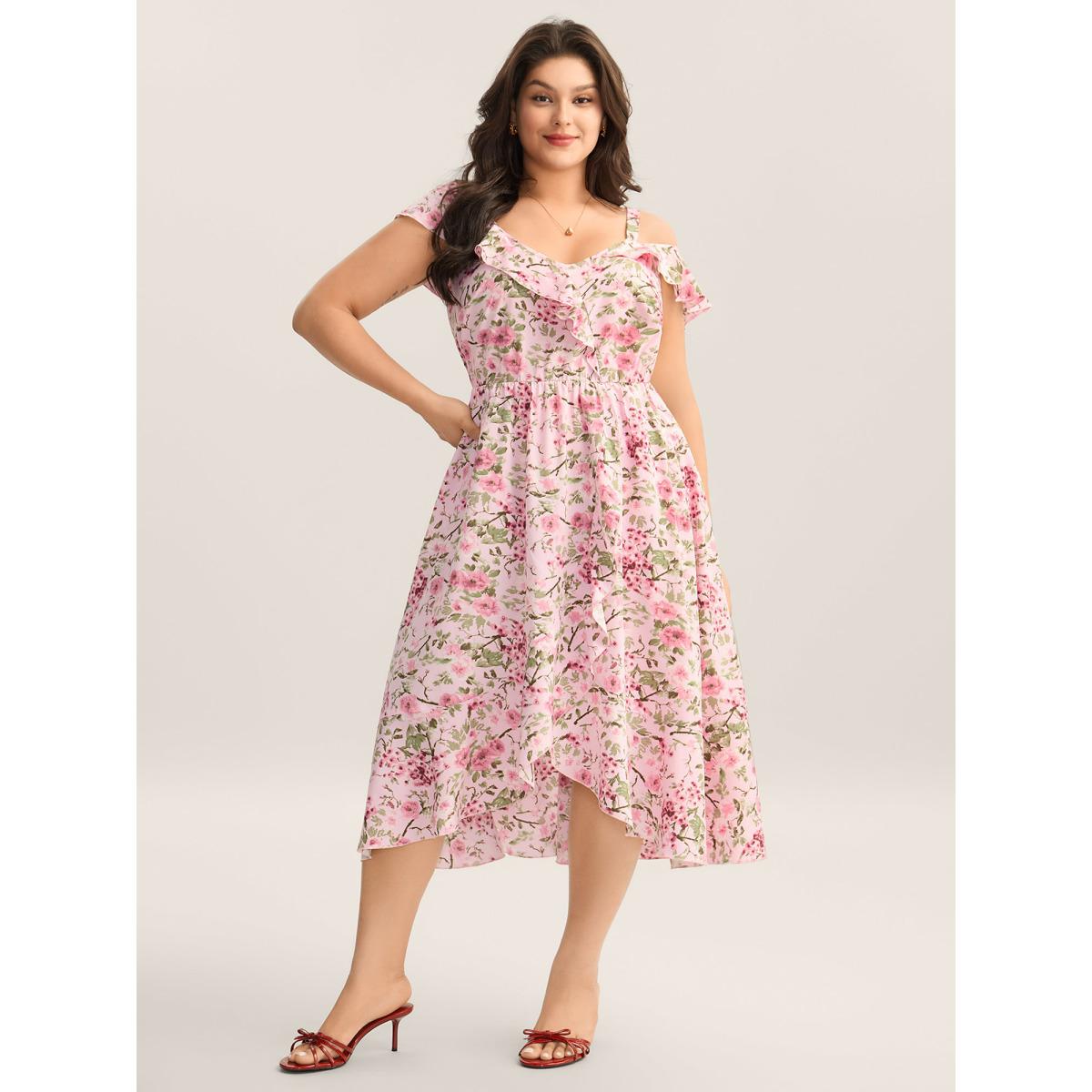 Plus Size Floral Print Wrap One-Shoulder Midi Dress Lightpink Women V-neck Cap Sleeve Curvy BloomChic 10/M Product Image