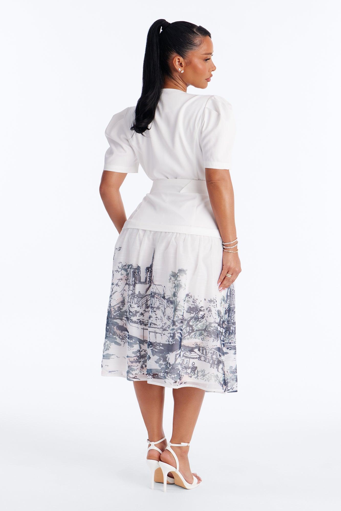 Margaret Belted Print Midi Dress - White/Blue Female Product Image