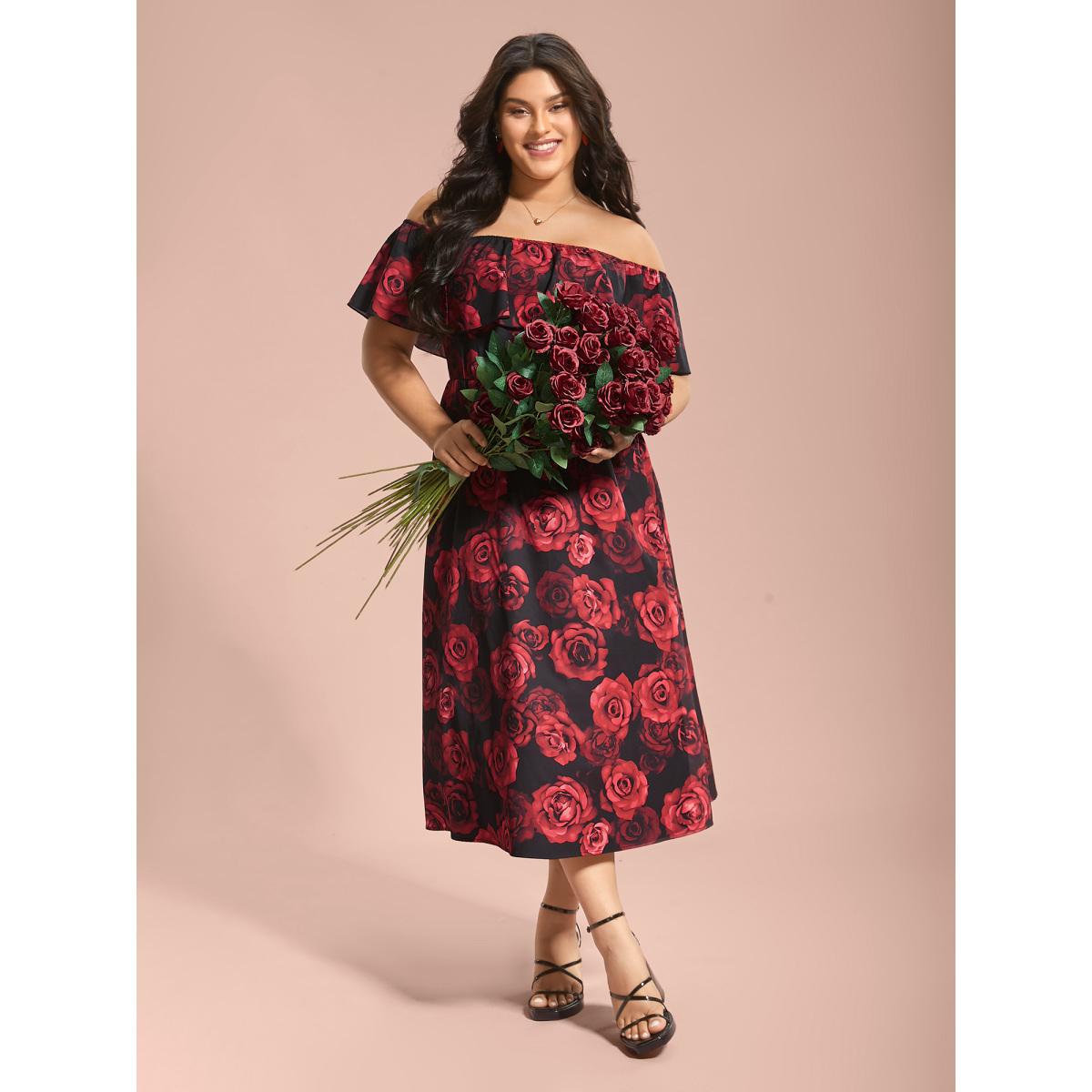 Plus Size Off-Shoulder Rose Pattern Ruffled Dress BlackFlower Women Elegant Ruffles One-shoulder neck Short sleeve Curvy BloomChic 30/6X Product Image
