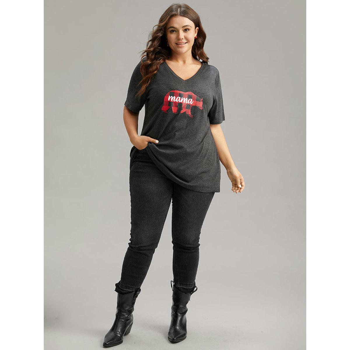 Plus Size Plaid Bear Patchwork Round Neck T-shirt DimGray Women Casual Printed Christmas Festival-Christmas T-shirts BloomChic 30/6X Product Image