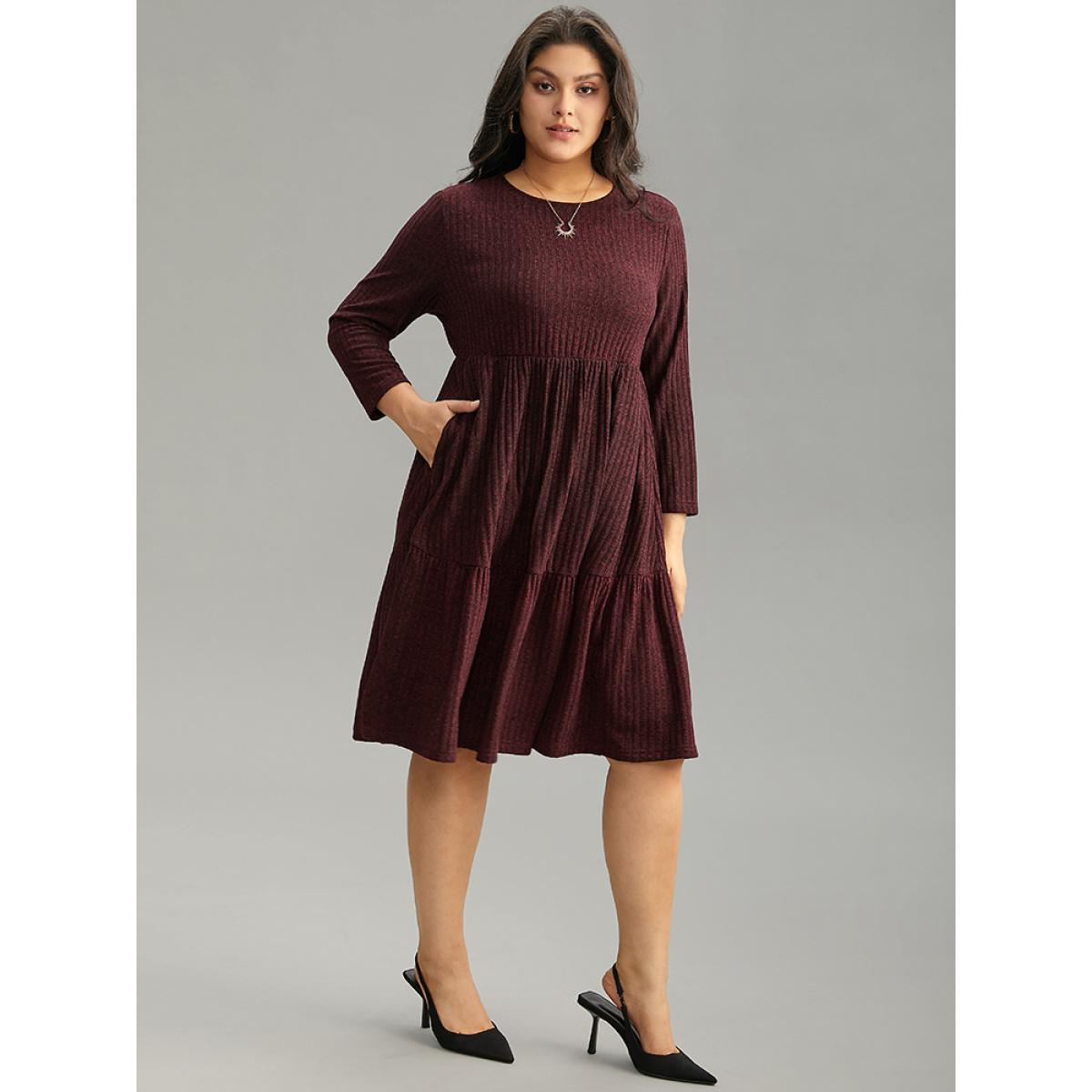 Plus Size Rib Knit Round Neck Ruffle Layered Hem Dress Raspberry Women Casual Texture Round Neck Long Sleeve Curvy Knee Dress BloomChic 10/M Product Image