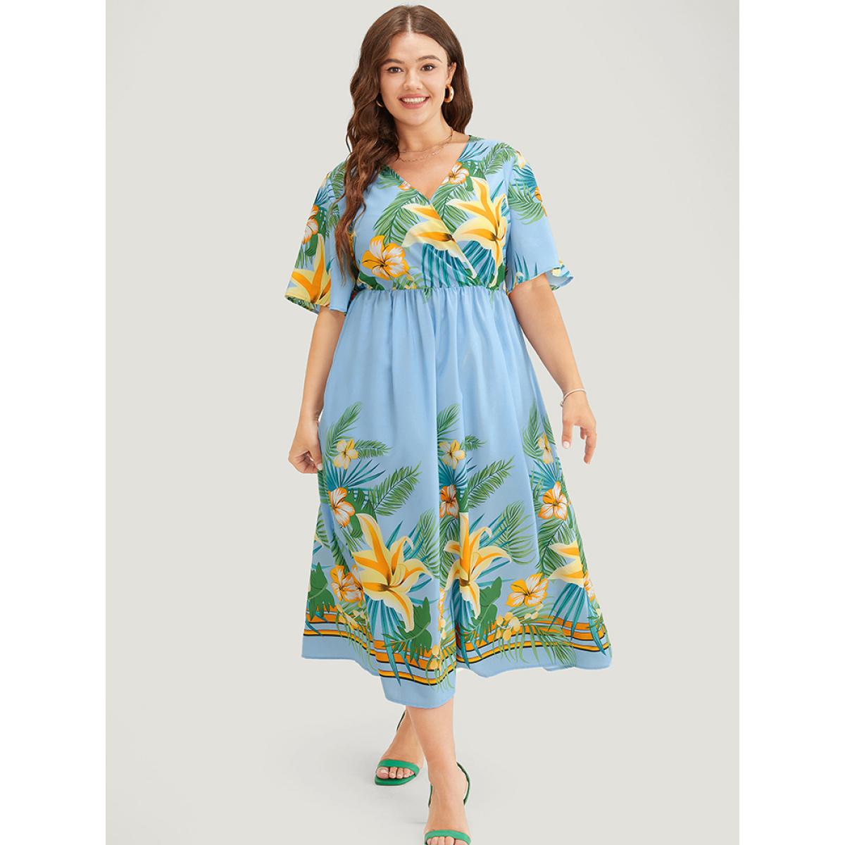 Plus Size Tropical Print Ruffle Sleeve Wrap Pocket Midi Dress LightBlue Women Elegant Elastic Waist V-neck Short sleeve Curvy Midi Dress BloomChic 14-16/1X Product Image