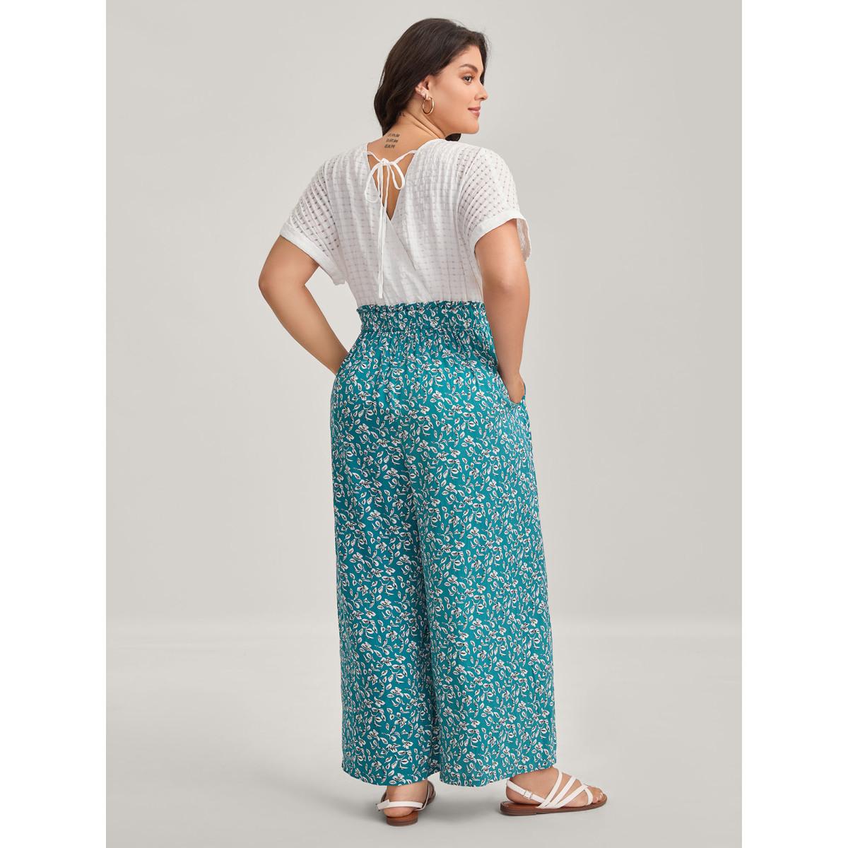 Plus Size Cerulean Floral Color Contrast Shirred Jumpsuit Women Leisure Cap Sleeve V-neck Casual Loose Jumpsuits BloomChic 22-24/3X Product Image