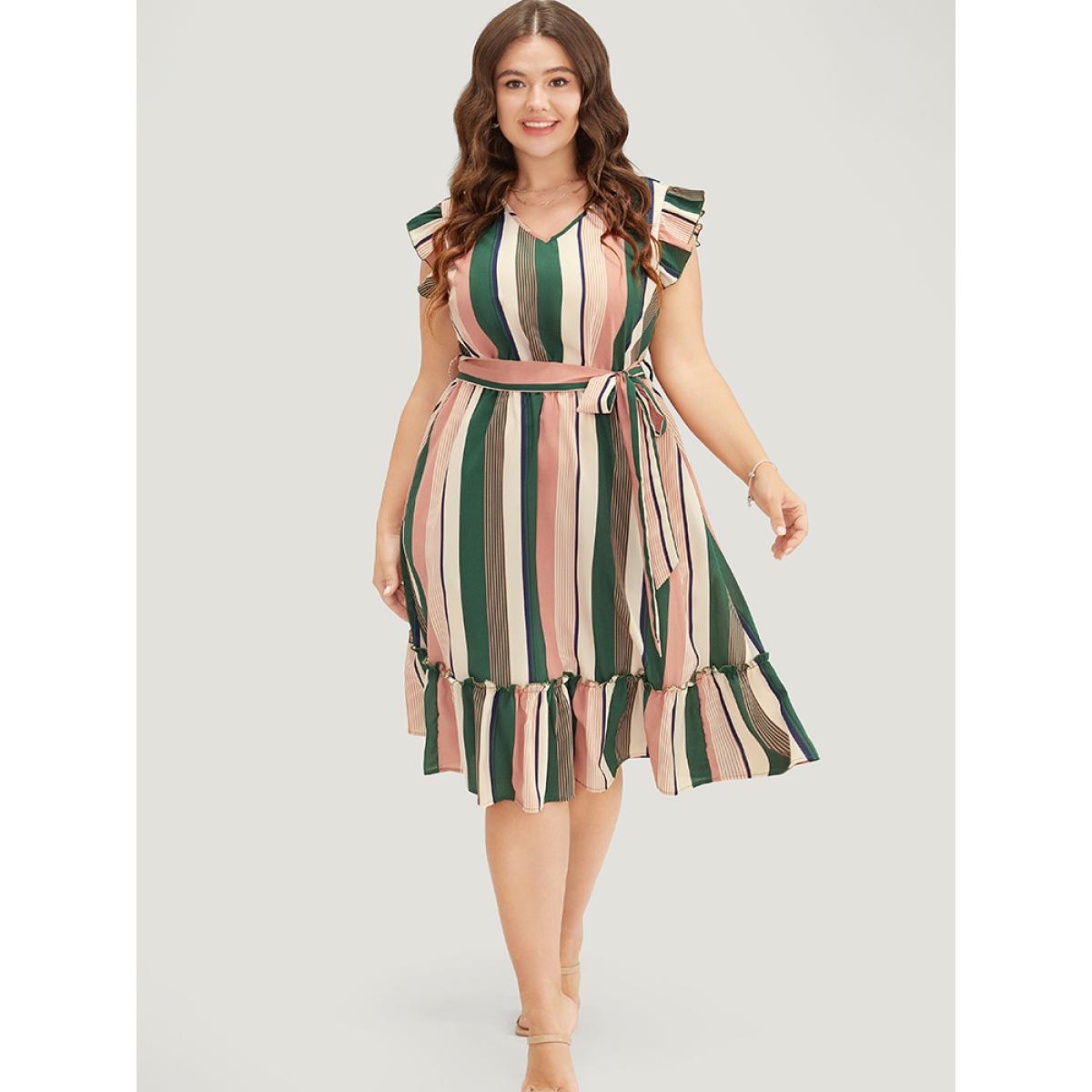 Plus Size Striped Contrast Cap Sleeve Belted Pocket Ruffle Hem Dress Multicolor Women Vacation Contrast V-neck Cap Sleeve Curvy Knee Dress BloomChic 30/6X Product Image