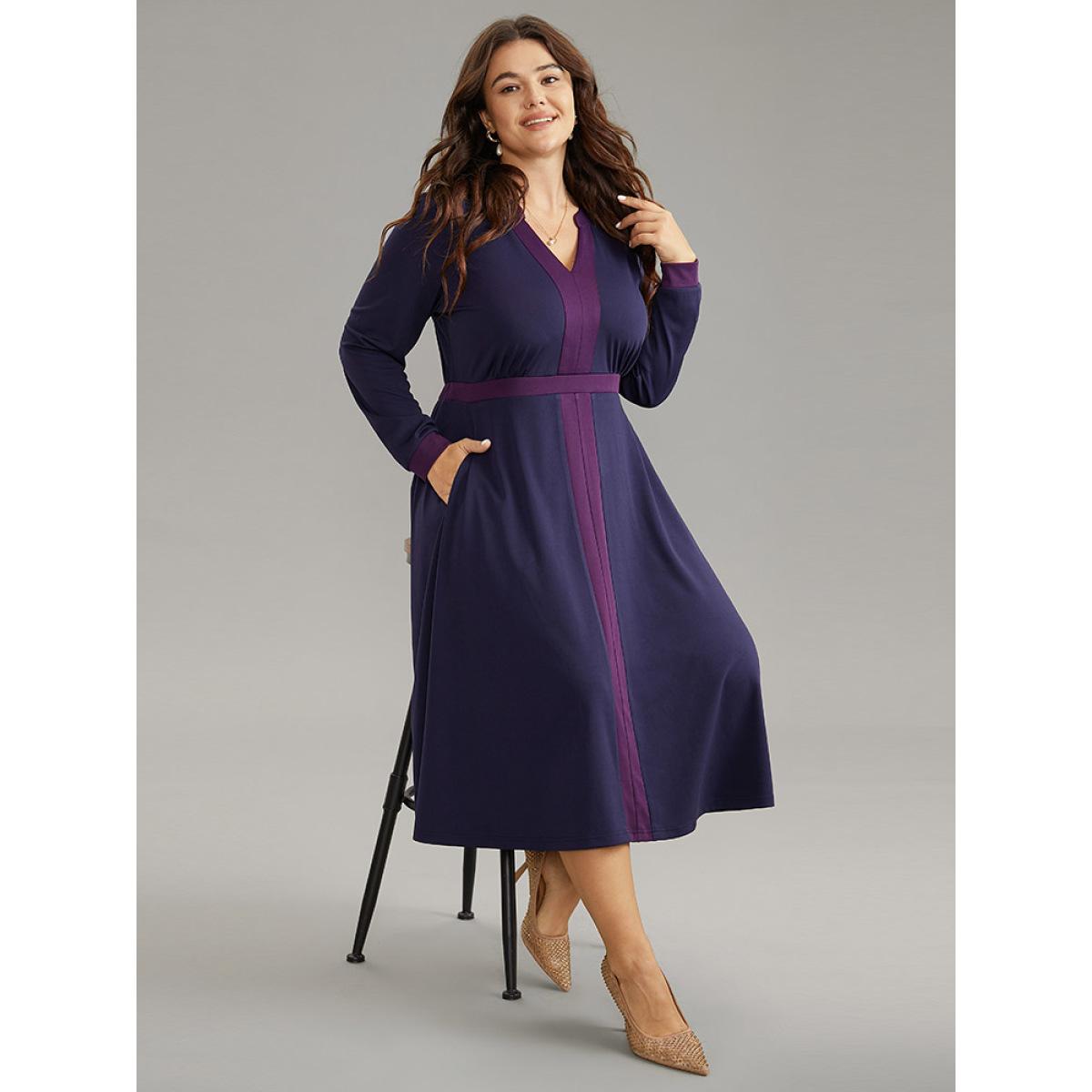 Plus Size Contrast Notched Gathered Elastic Waist Dress DarkBlue Women At the Office Contrast Notched collar Long Sleeve Curvy Midi Dress BloomChic 10/M Product Image