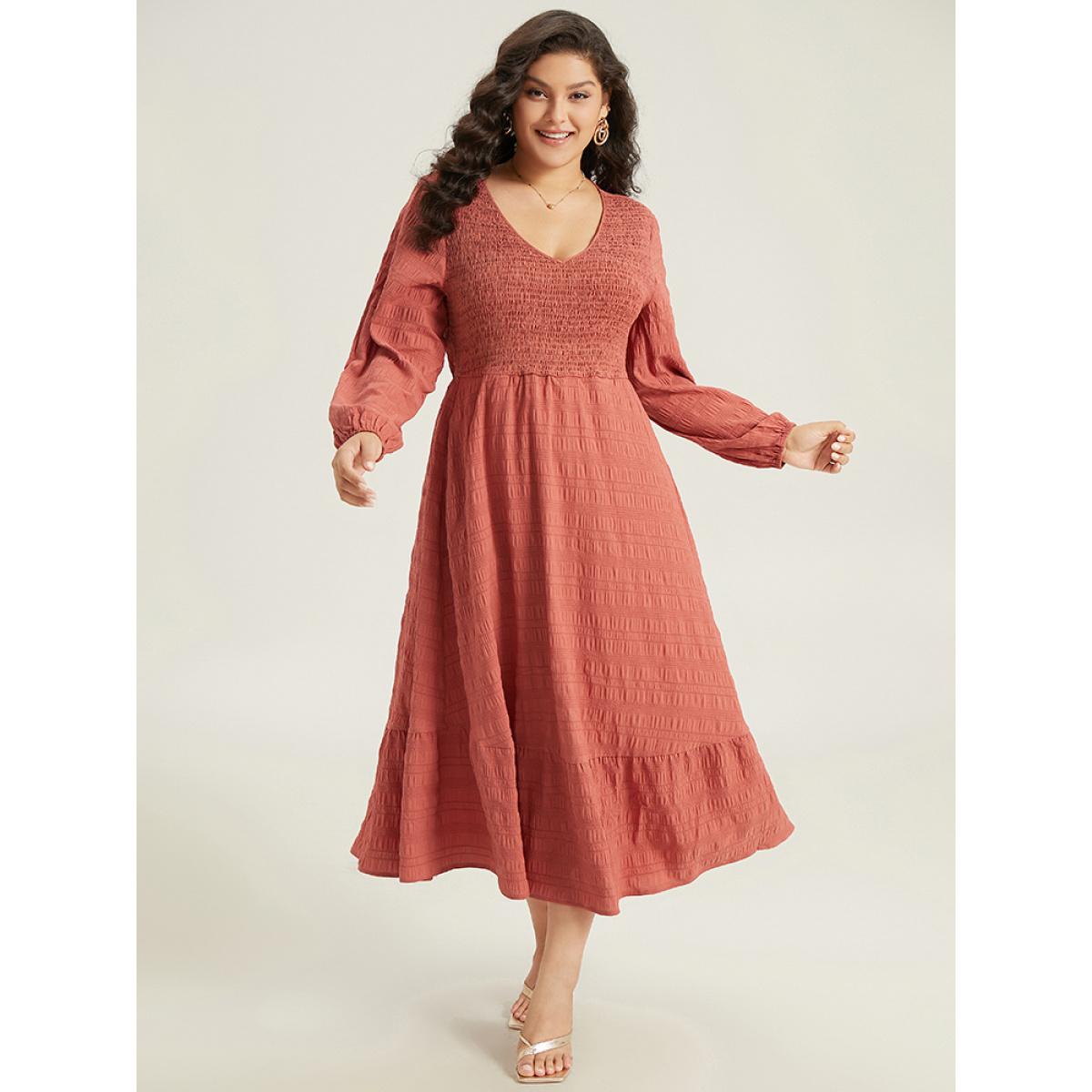 Plus Size Solid Shirred Plisse Flutter Hem Dress Chocolate Women Elegant Elastic cuffs V-neck Long Sleeve Curvy Midi Dress BloomChic 22-24/3X Product Image
