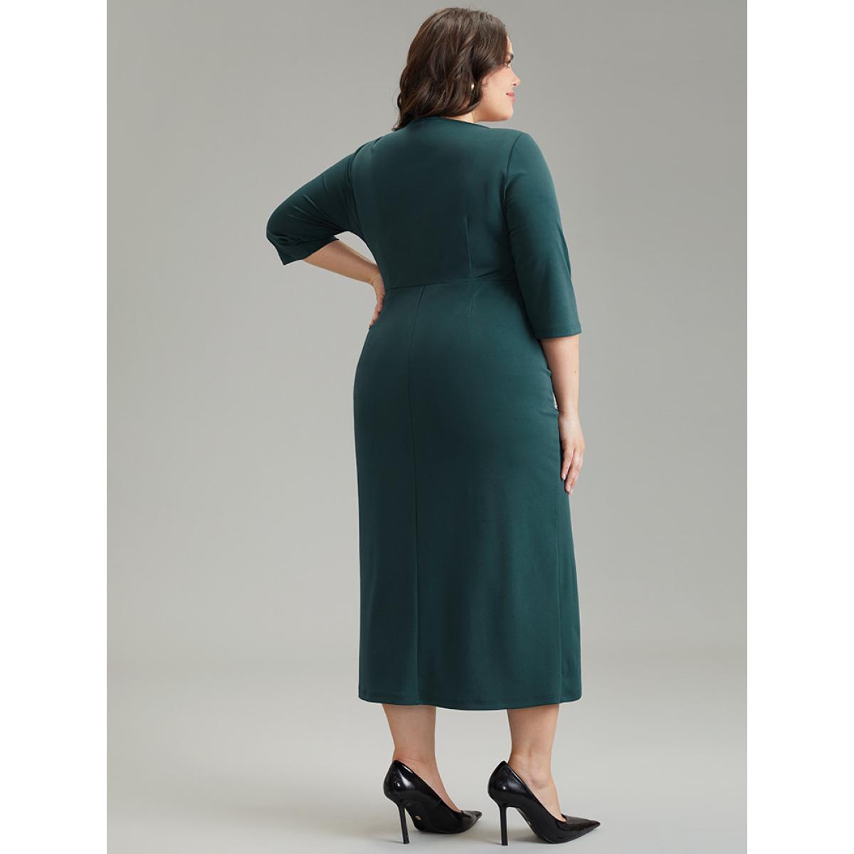 Plus Size Solid Notched Pleated Wrap Hem Dress Cyan Women Elegant Wrap Notched collar Elbow-length sleeve Curvy Midi Dress BloomChic 14-16/1X Product Image