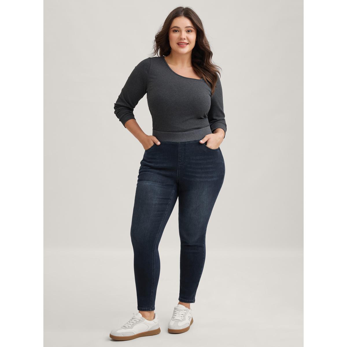 Plus Size Stretchy Whiskered Waist Skinny Knit Jeans Women Darkindigo Leisure Medium stretch Slanted pocket Jeans BloomChic 24/3X Product Image