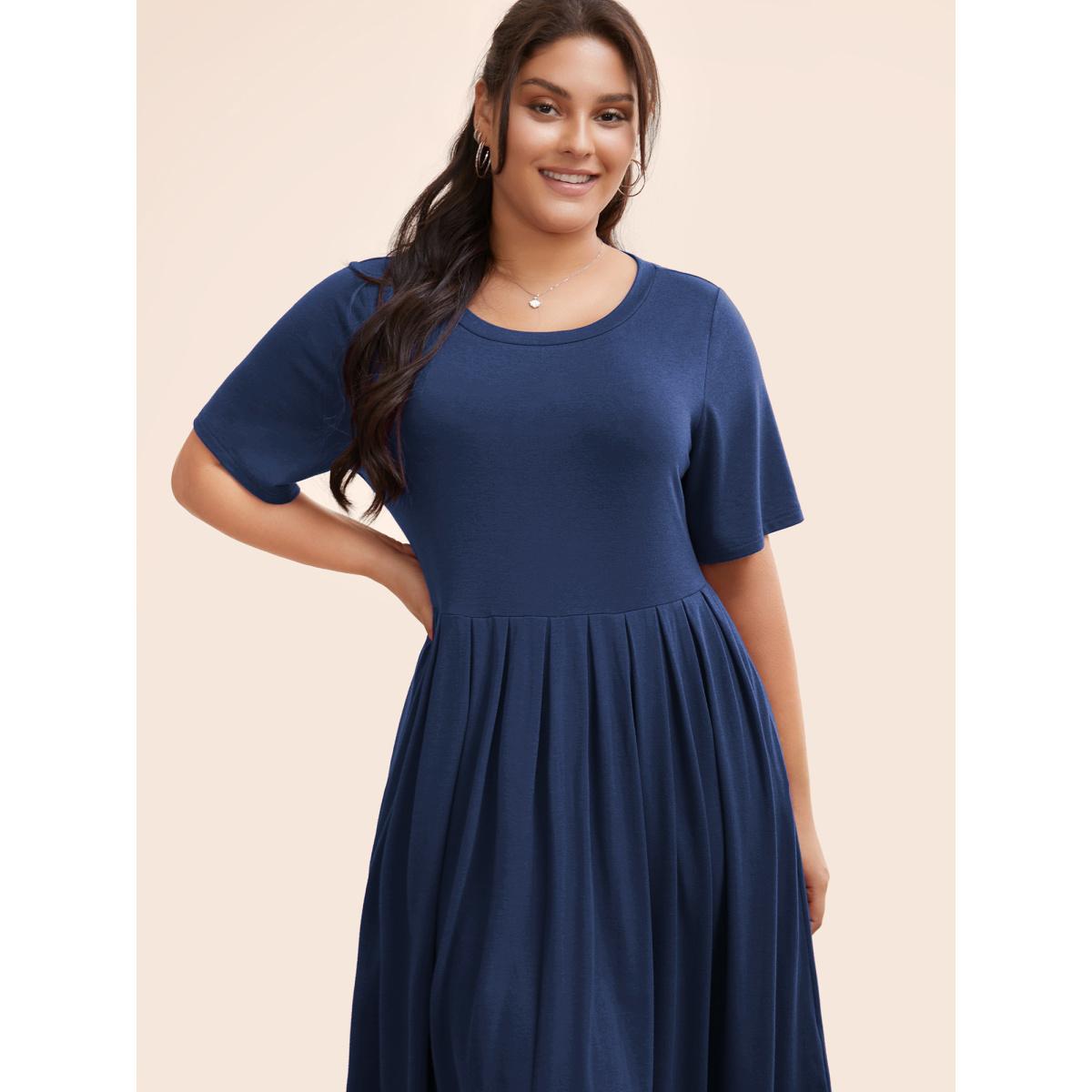 Plus Size Supersoft Essentials Solid Pleated Round Neck Midi Dress DarkBlue Women Casual Plain Round Neck Short sleeve Curvy Midi Dress BloomChic 10/M Product Image