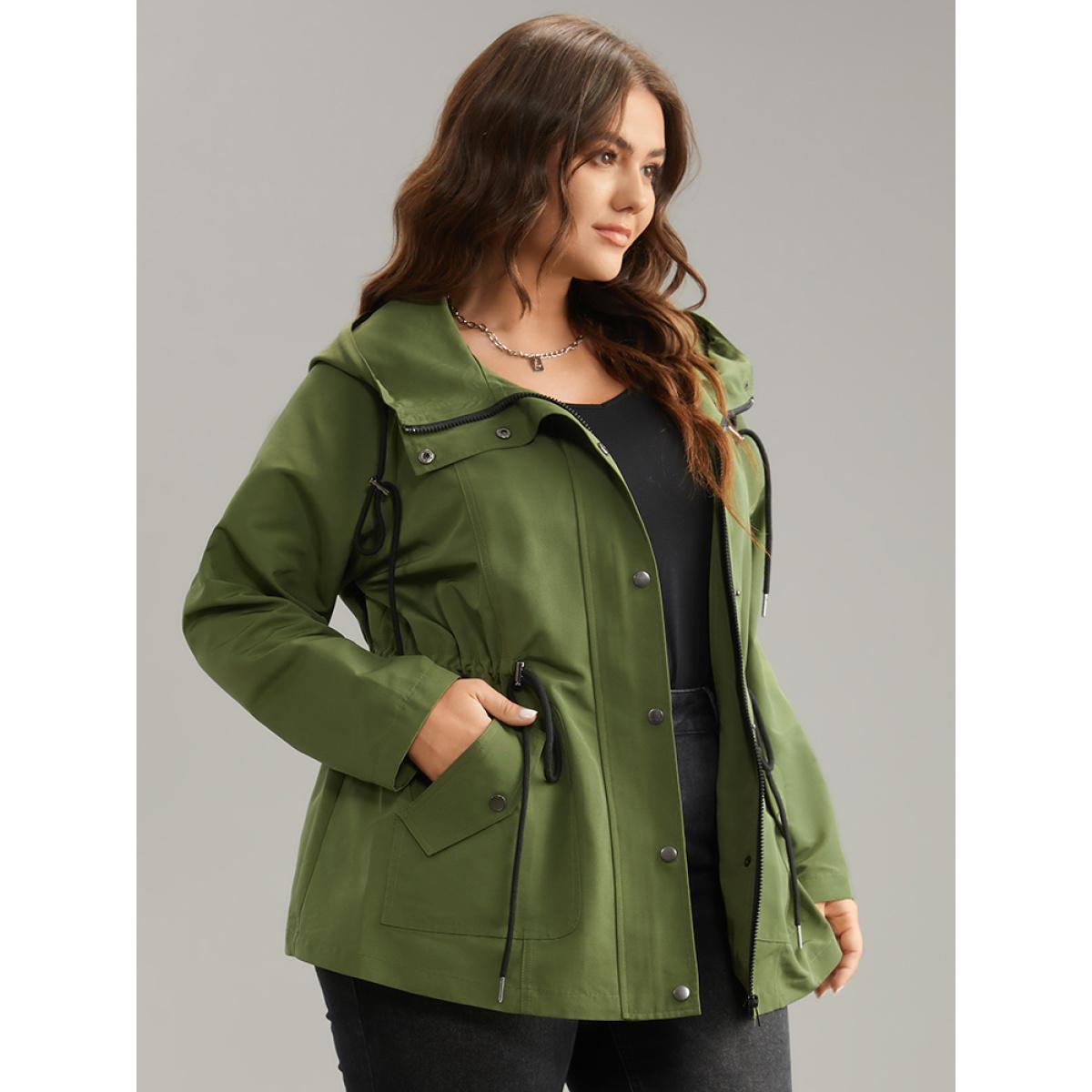 Plus Size Wind-Resistant Hooded Drawstring Waistline Inside Coat Women ArmyGreen Plain Pocket Dailywear Jackets BloomChic 12/L Product Image