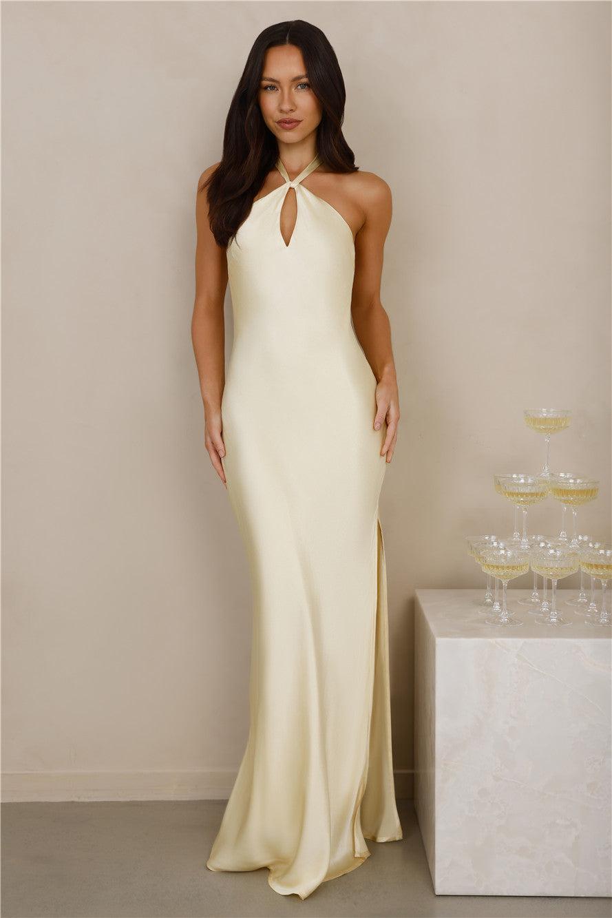 The Delilah Satin Halter Maxi Dress Yellow Product Image