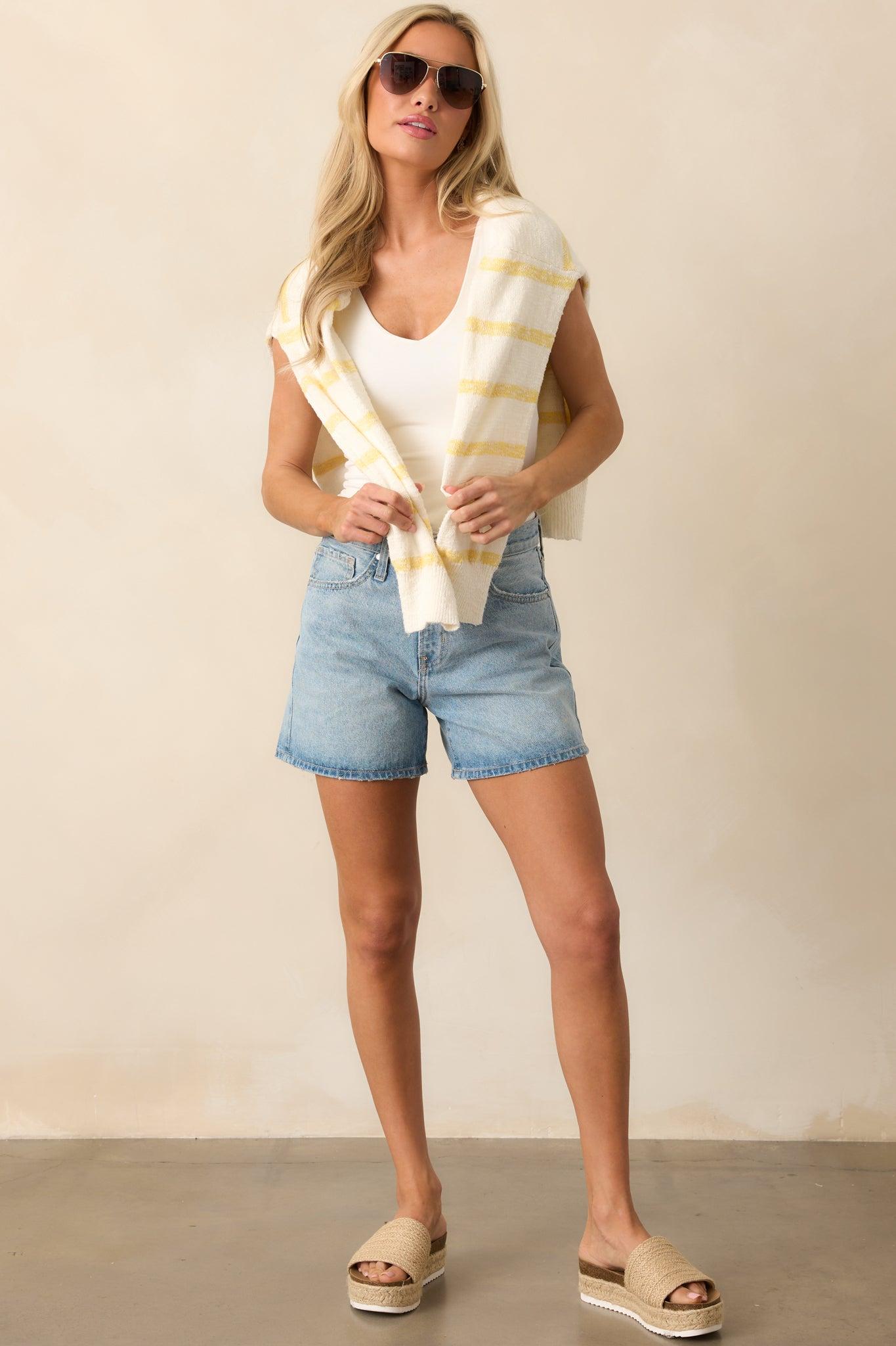 My Day Off Ivory & Yellow Cotton Stripe Sweater Product Image