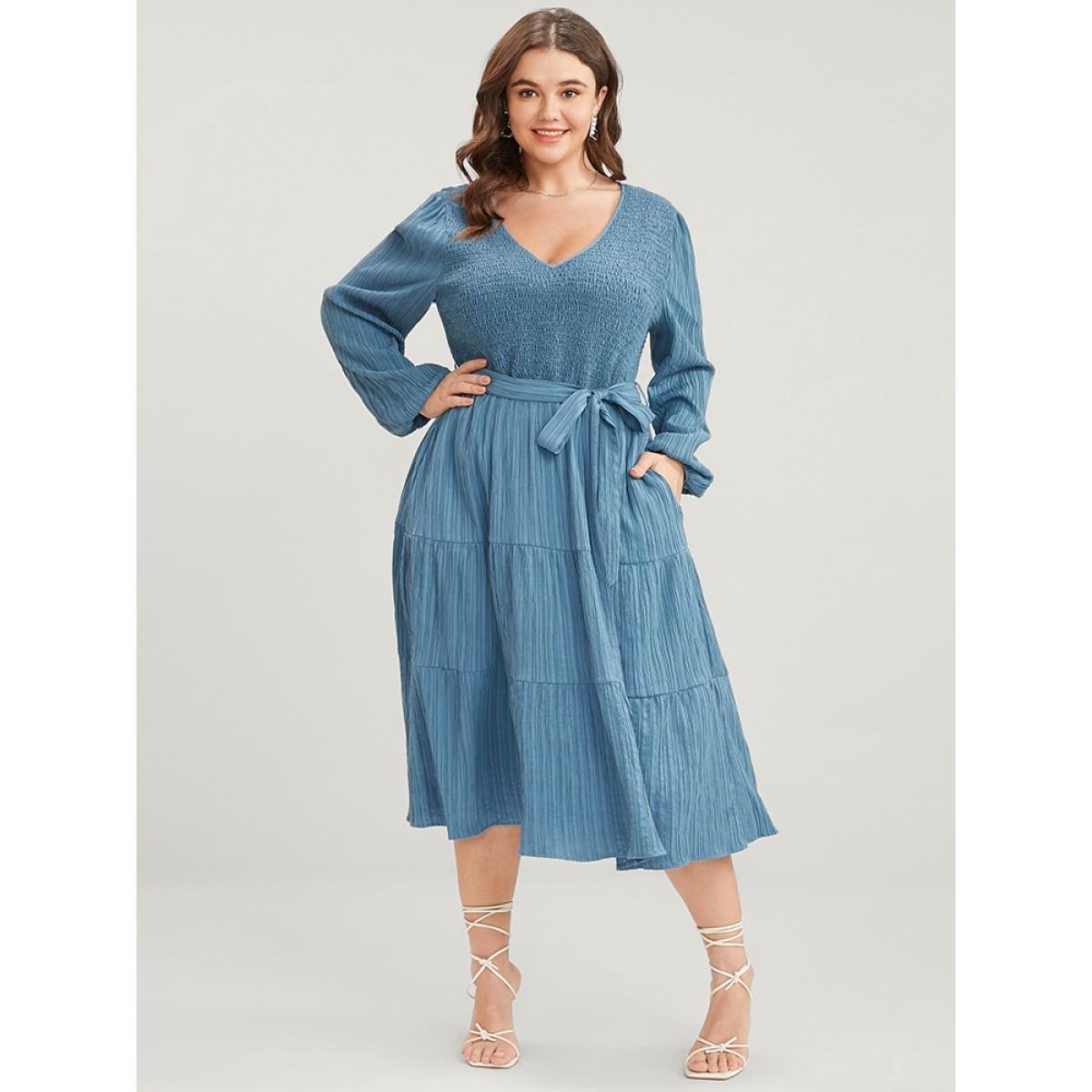 Plus Size Solid Textured V Neck Pocket Shirred Belted Flutter Dress Aegean Women Elegant Tiered V-neck Long Sleeve Curvy Midi Dress BloomChic 10/M Product Image