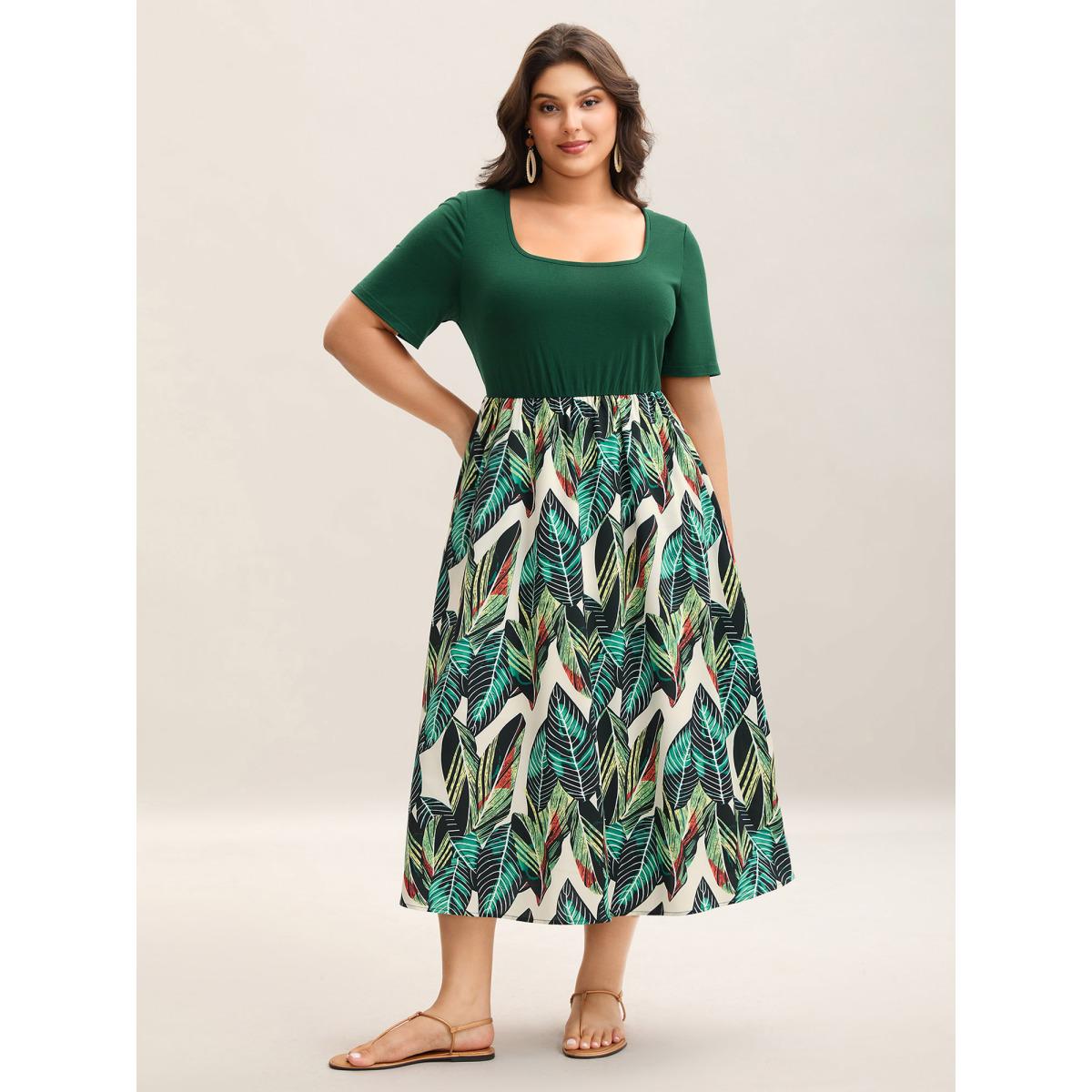 Plus Size Leafy Print Spliced Square Neck Midi Dress Truegreen Women Square Neck Short sleeve Curvy BloomChic 28/5X Product Image