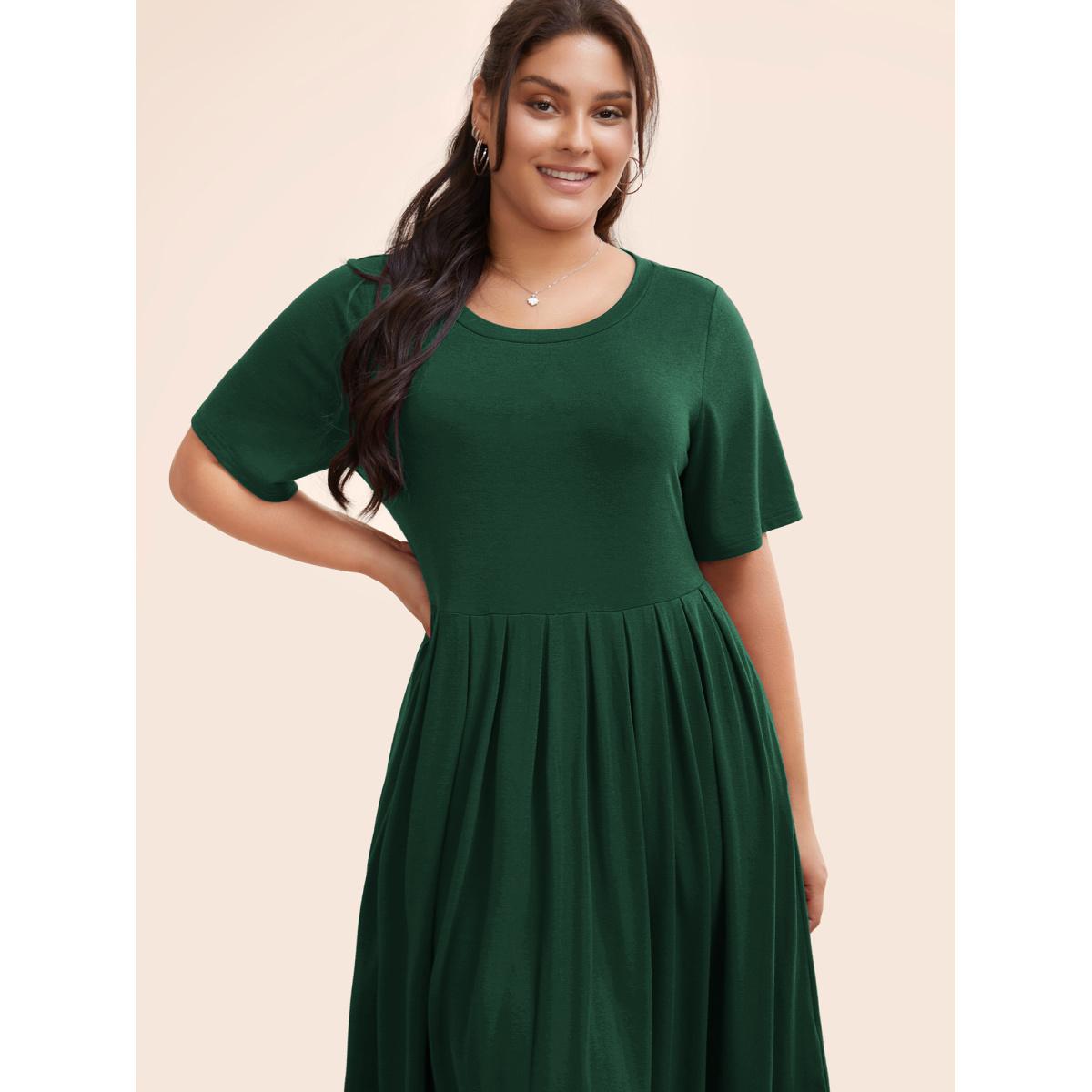 Plus Size Supersoft Essentials Solid Pleated Round Neck Midi Dress Burgundy Women Casual Plain Round Neck Short sleeve Curvy Midi Dress BloomChic 30/6X Product Image