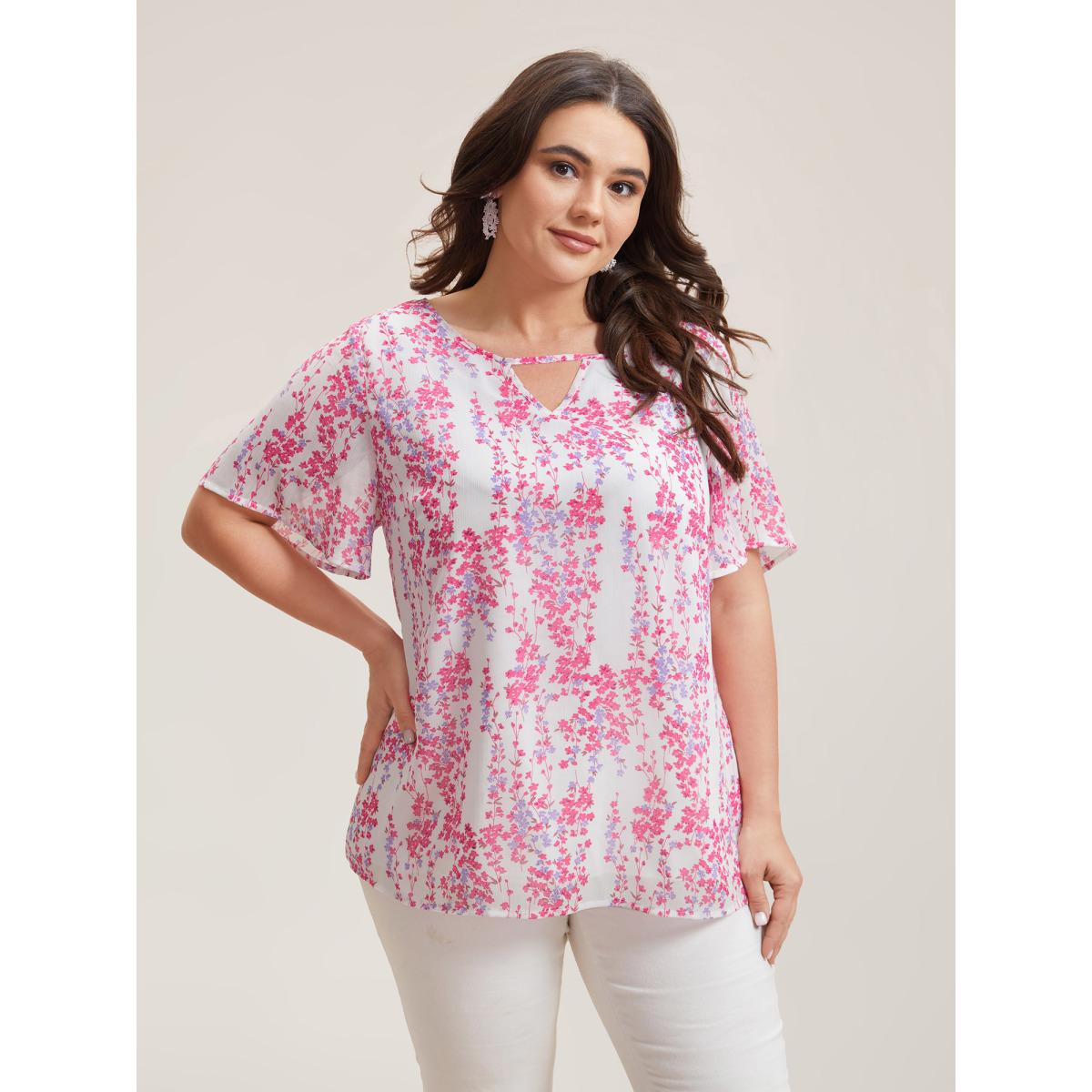 Plus Size WhiteSmoke Floral Neck Cut-Out Flutter Sleeve Shirt Women Elegant Short sleeve Round Neck Everyday Blouses BloomChic 10/M Product Image