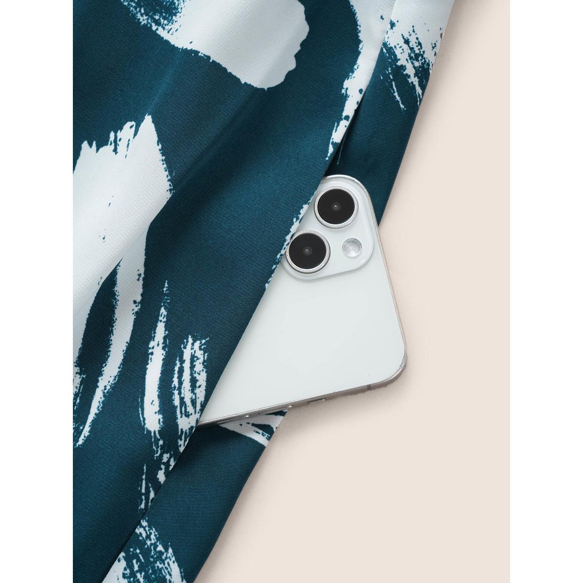 Plus Size Brush Print Belted Pocket Elastic Waist Dress DarkSlateGray Women At the Office Non Round Neck Short sleeve Curvy Midi Dress BloomChic 12/L Product Image