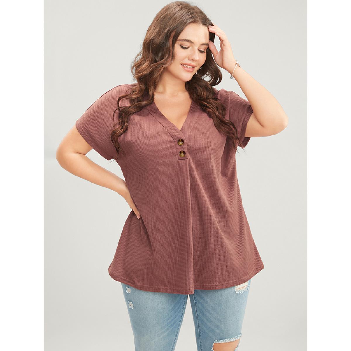 Plus Size Solid Dolman Sleeve Button Detail Waffle Knit T-shirt DustyPink Women Casual Button Plain V-neck Dailywear T-shirts BloomChic 30/6X Product Image