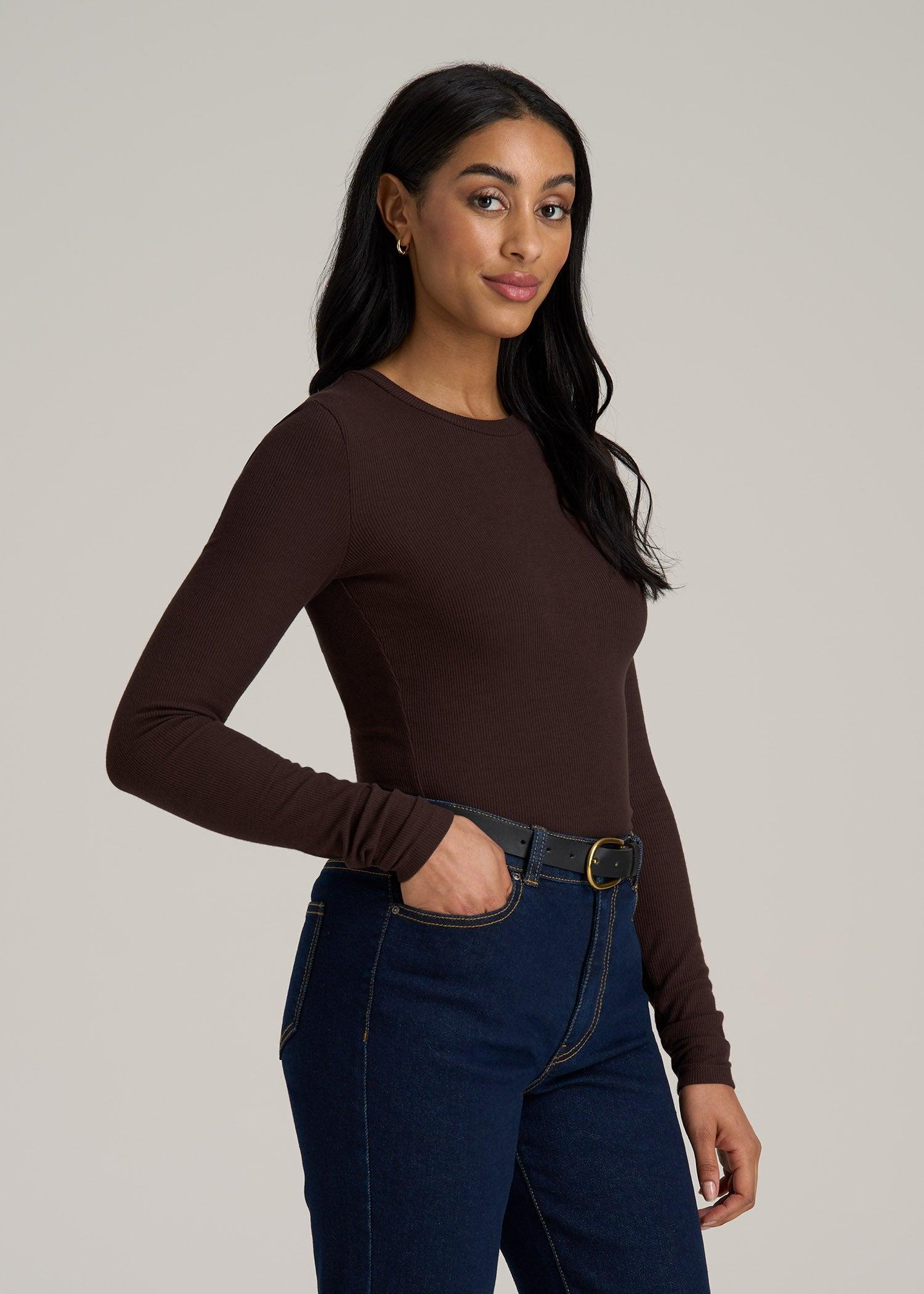 FITTED Ribbed Long Sleeve Tee for Tall Women in Espresso Female Product Image