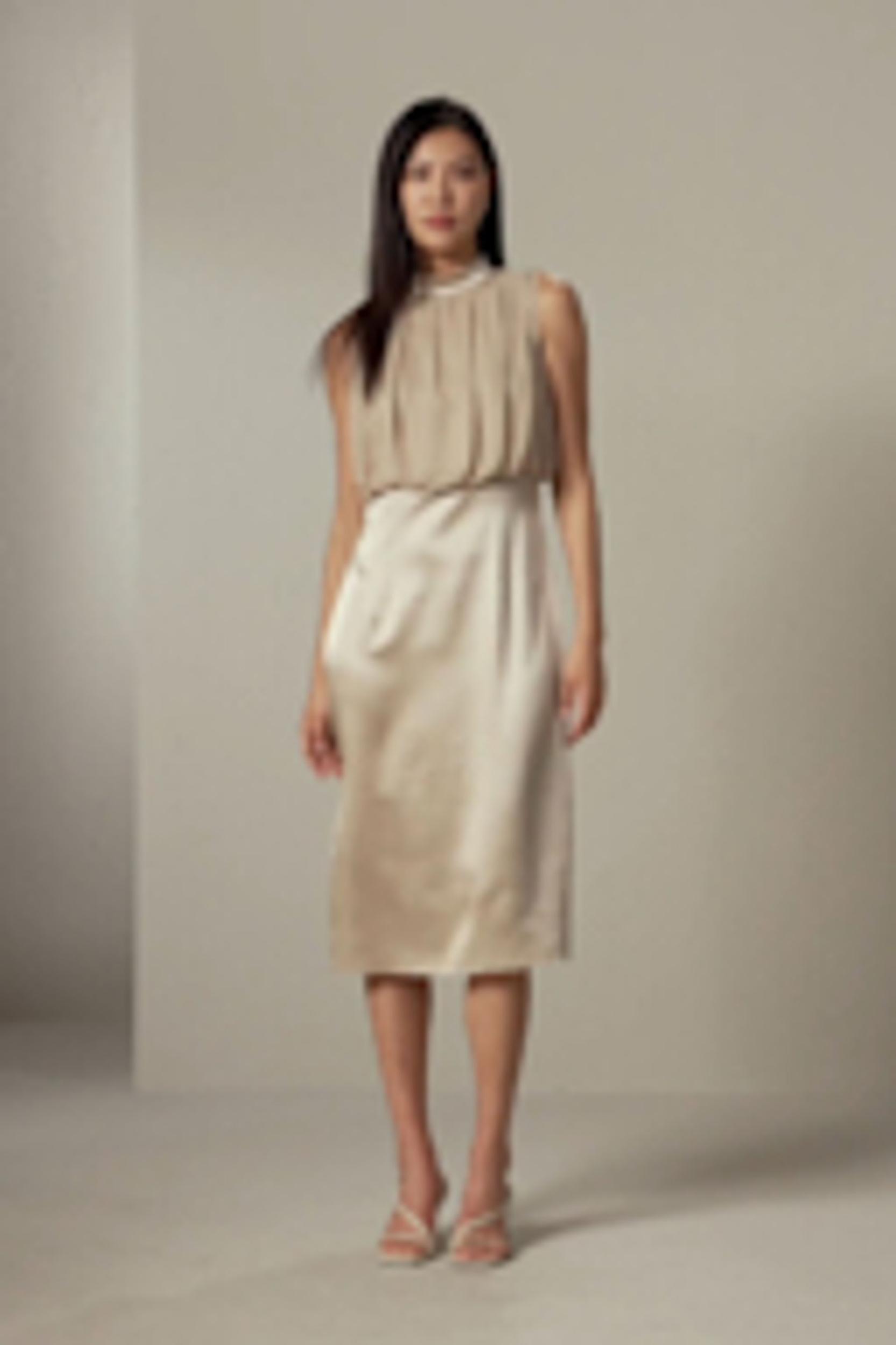 Pleated Sleeveless Midi Silk Dress Product Image