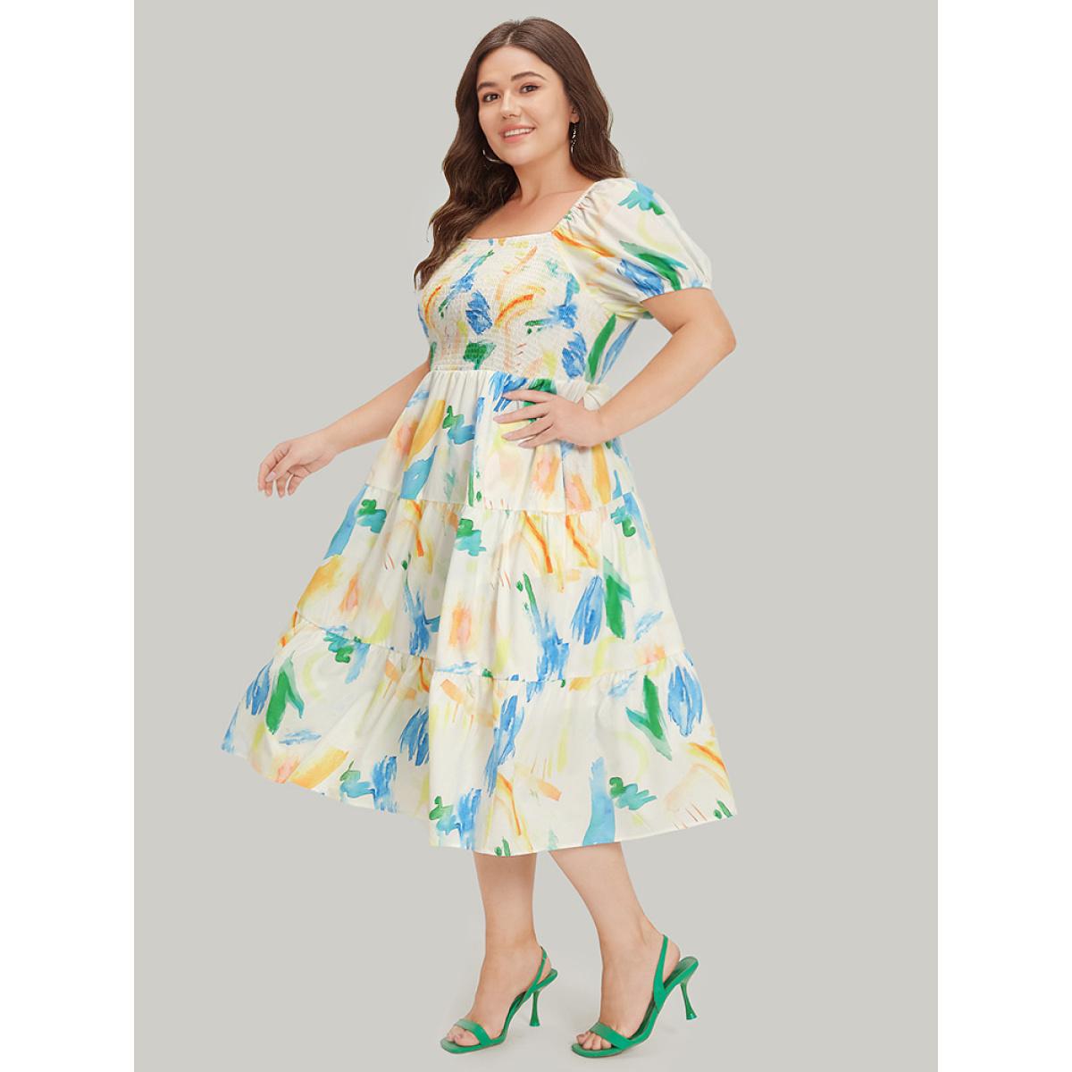 Plus Size Colour Geometric Print Square Neck Shirred Puff Sleeve Dress Multicolor Women Vacation Elastic cuffs Square Neck Short sleeve Curvy Midi Dress BloomChic 28/5X Product Image