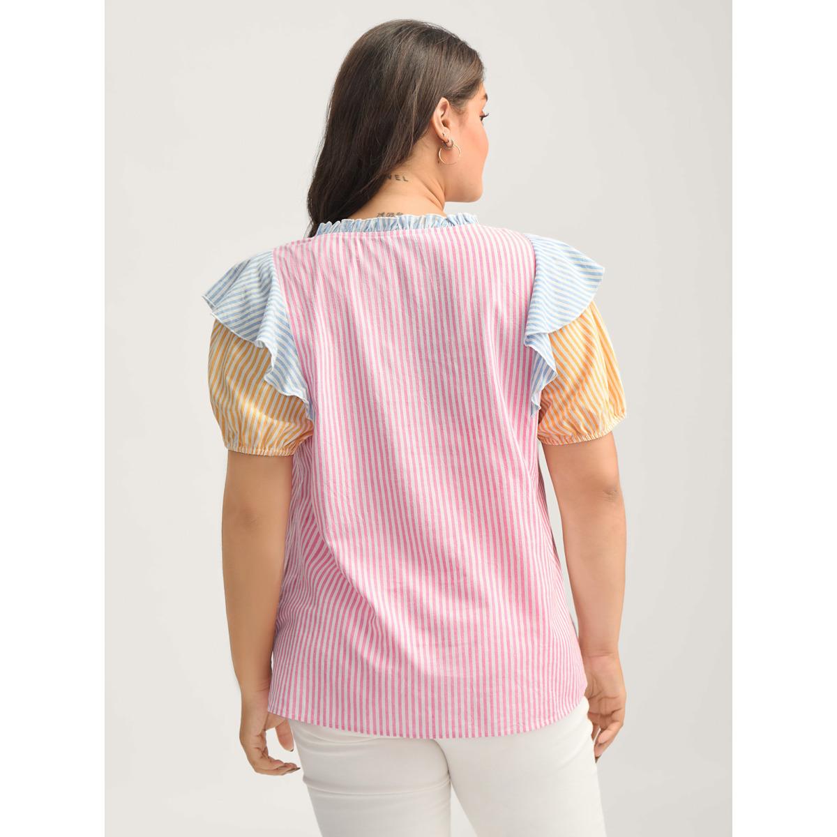 Plus Size Multicolor Cotton Colorful Stripes Ruffled Neck Tie Blouse Women Short sleeve Notched collar Everyday-Elegant Blouses BloomChic 22-24/3X Product Image