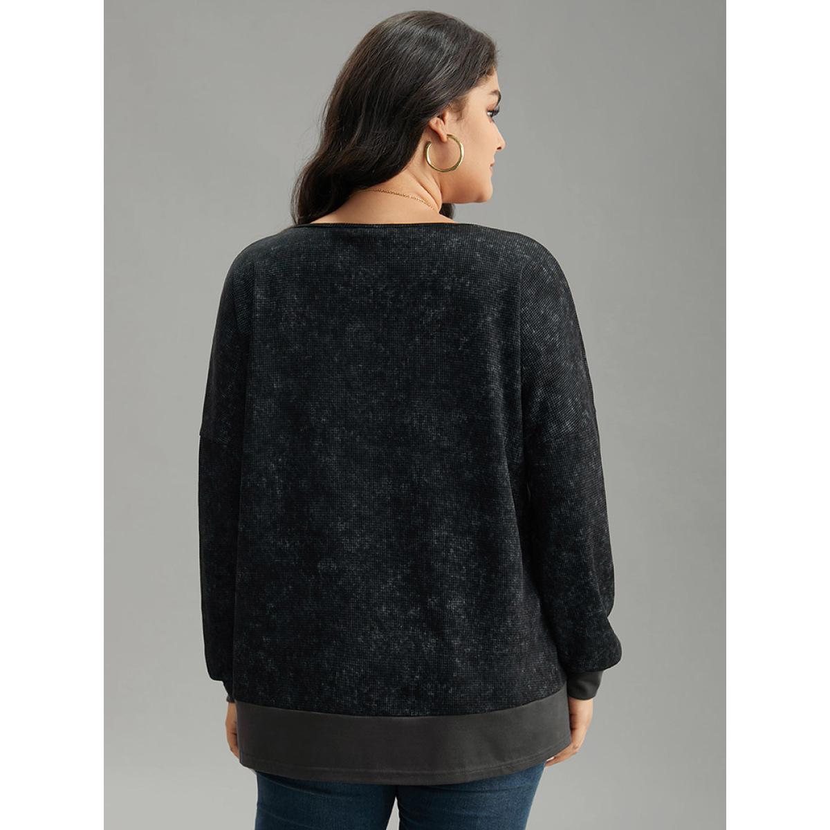 Plus Size Colorblock Waffle Knit Patchwork T-shirt DimGray Women Casual Waffle Knit Patchwork Round Neck Dailywear T-shirts BloomChic 22-24/3X Product Image