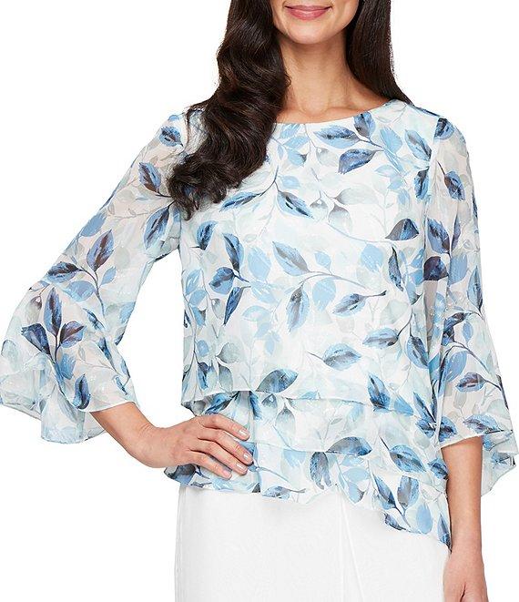 Alex Evenings Floral 3/4 Sleeve Triple Tiered Hem Chiffon Blouse Product Image