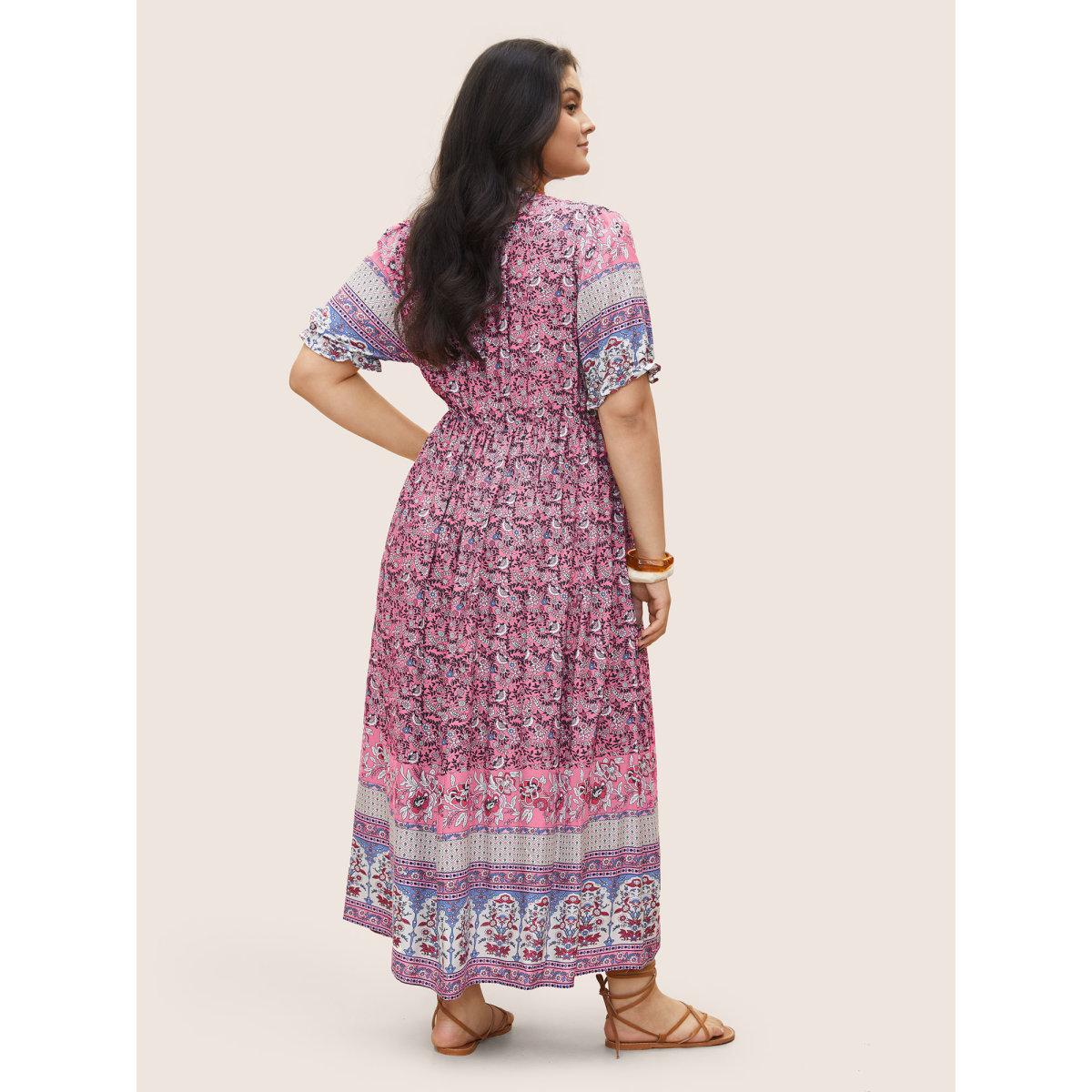 Plus Size Boho Print Notched Ties Tassel Trim Dress Pink Women Resort Non Flat collar with V-notch Short sleeve Curvy BloomChic 18-20/2X Product Image