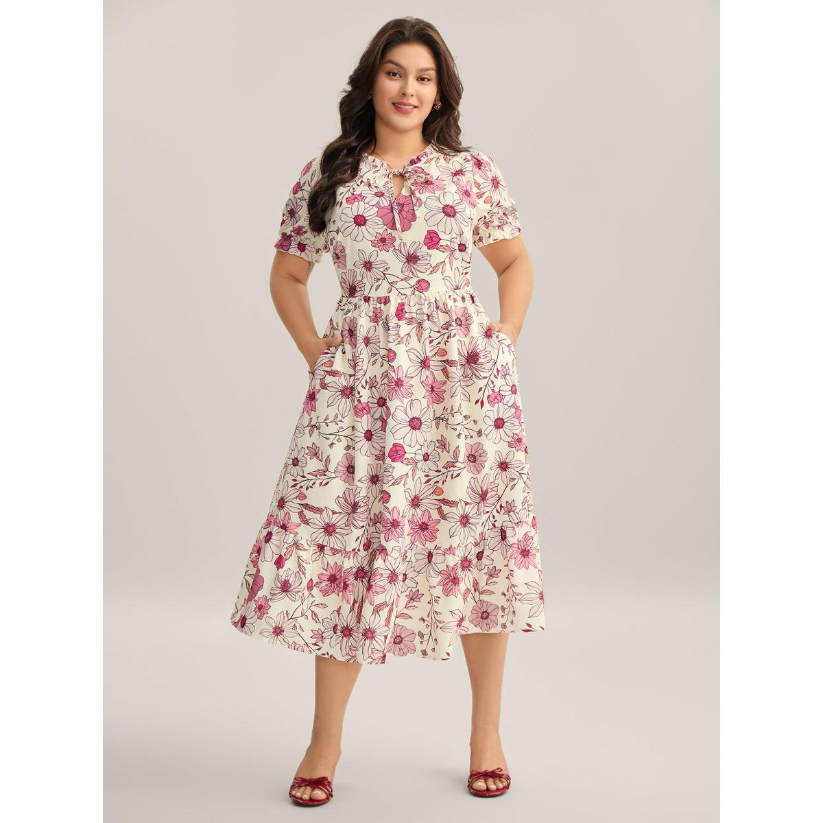 Plus Size Floral Print Neck Tie Tiered Maxi Dress Blush Women Timeless Flat collar with V-notch Short sleeve Curvy BloomChic 12/L Product Image