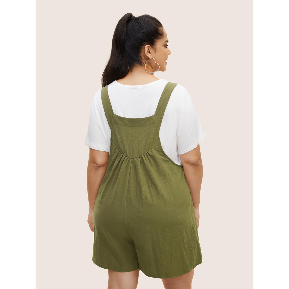 Plus Size ArmyGreen Cotton Plain Textured Patch Pocket Jumpsuit Women Casual Sleeveless Square Neck Everyday Loose Jumpsuits BloomChic 12/L Product Image