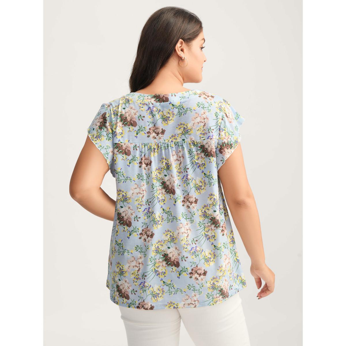 Plus Size Floral Pleated Button Detail Blouse Multicolor Women Tucked seam V-neck Everyday-Elegant T-shirts BloomChic 14-16/1X Product Image