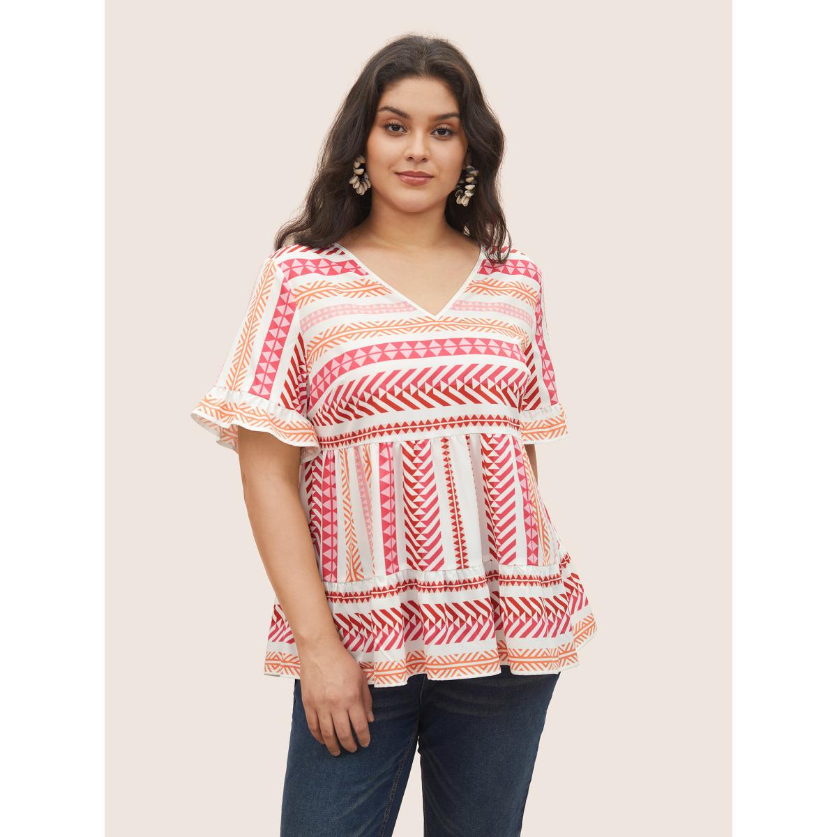 Plus Size White V Neck Geometric Patchwork Ruffles Blouse Women Resort Half Sleeve V-neck Vacation Blouses BloomChic 12/L Product Image