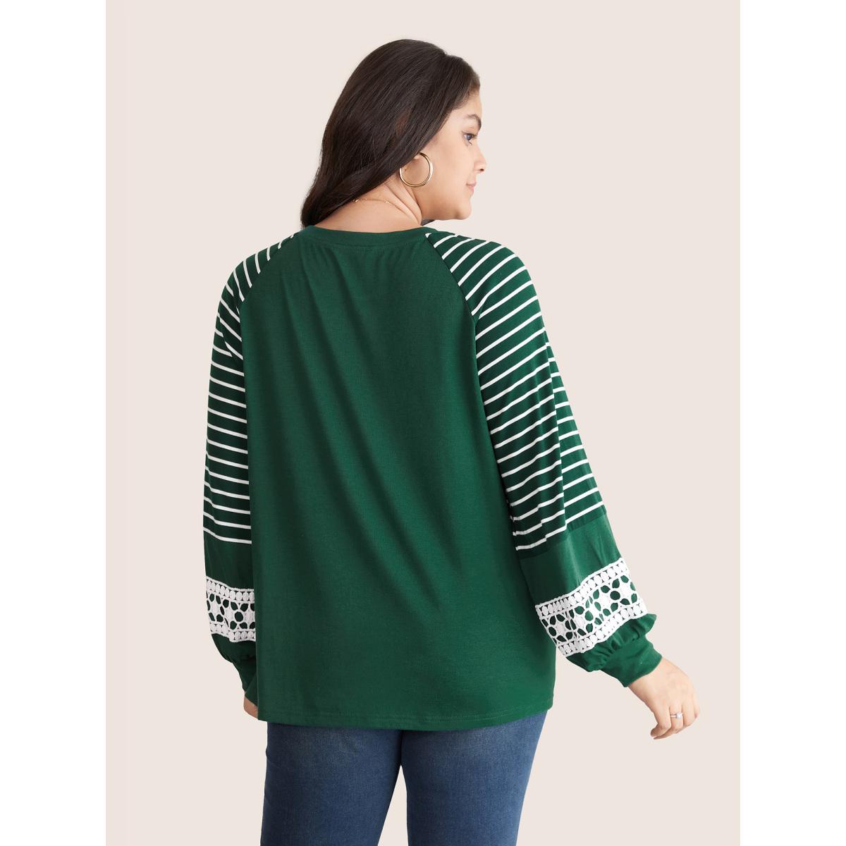 Plus Size Striped Guipure Lace Raglan Sleeve T-shirt DarkGreen Women Elegant Plain Striped Round Neck Dailywear T-shirts BloomChic 14-16/1X Product Image