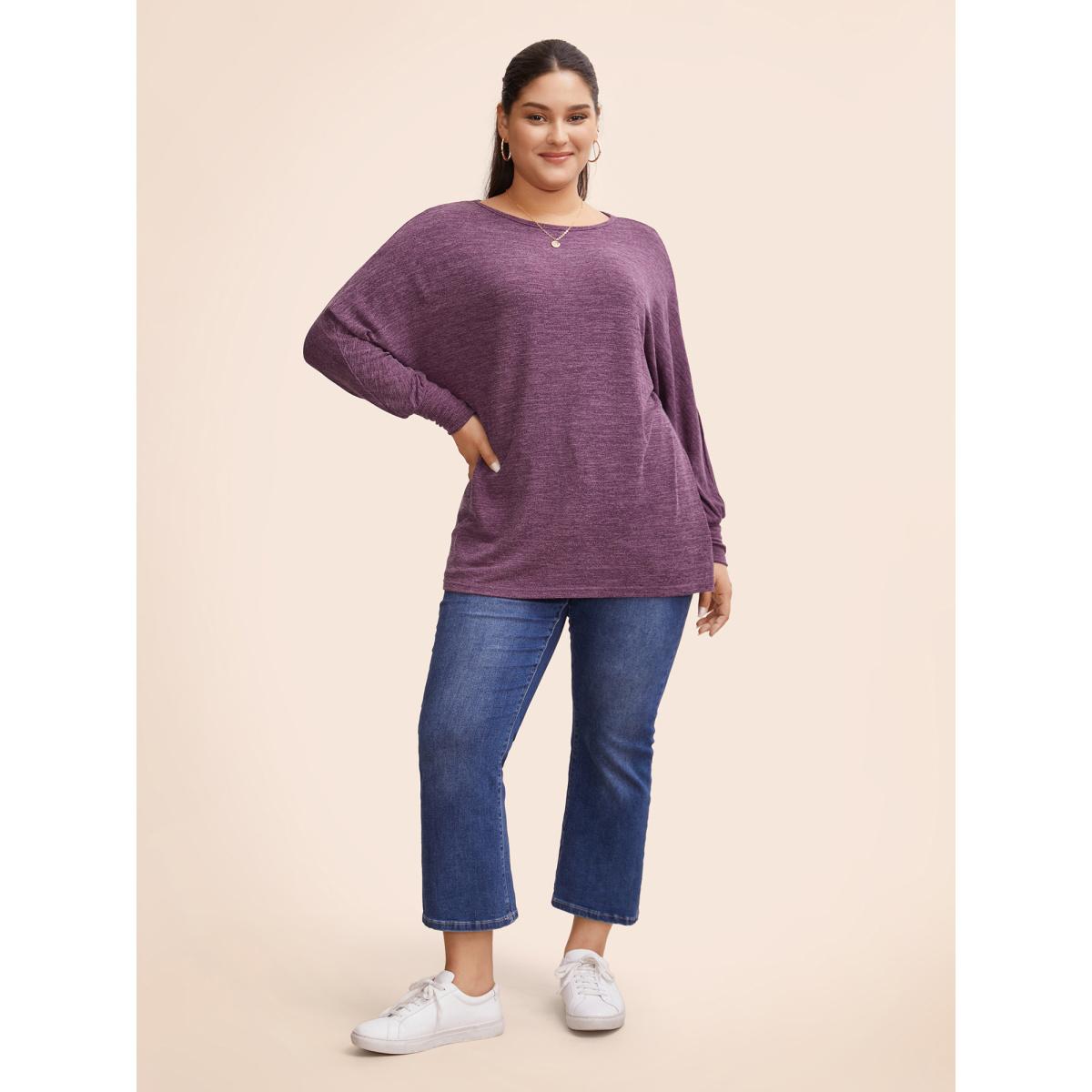 Plus Size Plain Heather Elastic cuffs Dolman Sleeve T-shirt Purple Women Casual Elastic cuffs Plain Round Neck Everyday T-shirts BloomChic 10/M Product Image