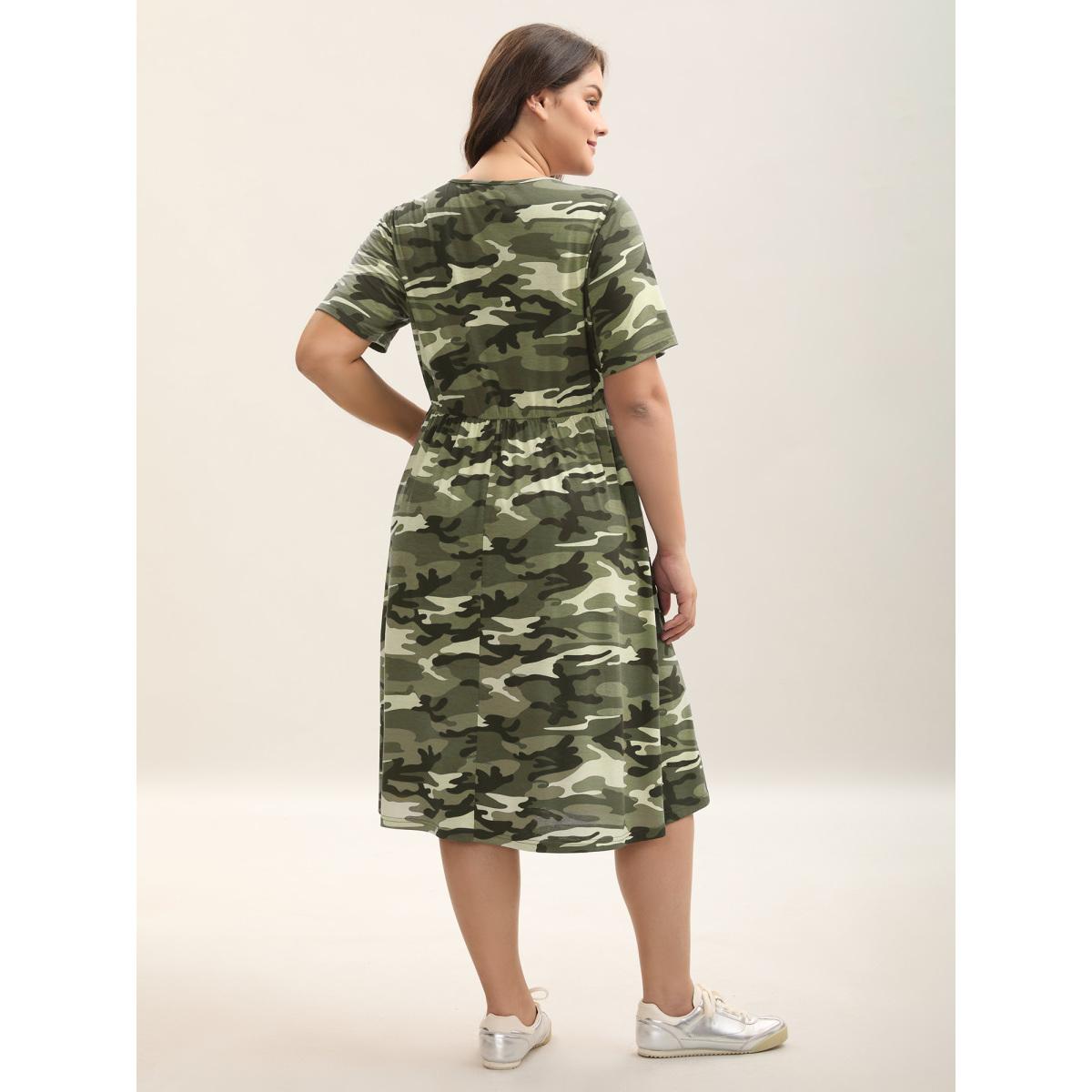 Plus Size Camouflage Print Round Neck Pockets Midi Dress Greenbean Women Casual Tie knot Knit Dresses Bloomchic 14-16/1X Product Image