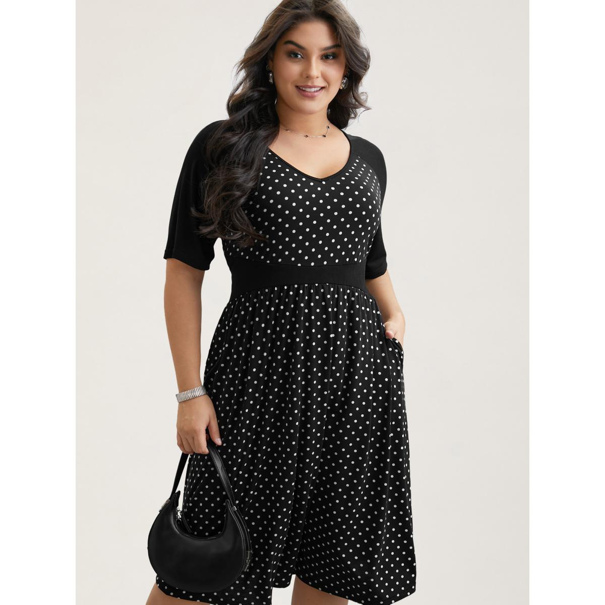 Plus Size Supersoft Polka Dot Waist-Cinched Midi Dress BlackFlower Women At the Office Patchwork Knit Dresses Bloomchic 28/5X Product Image