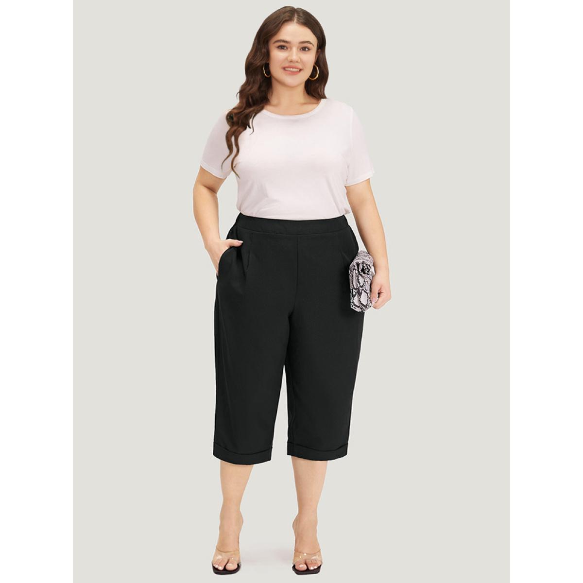 Plus Size Plain Pocket Elastic Waist Pleated Cropped Pants Women Black Office Straight Leg High Rise Office Pants BloomChic 26/4X Product Image